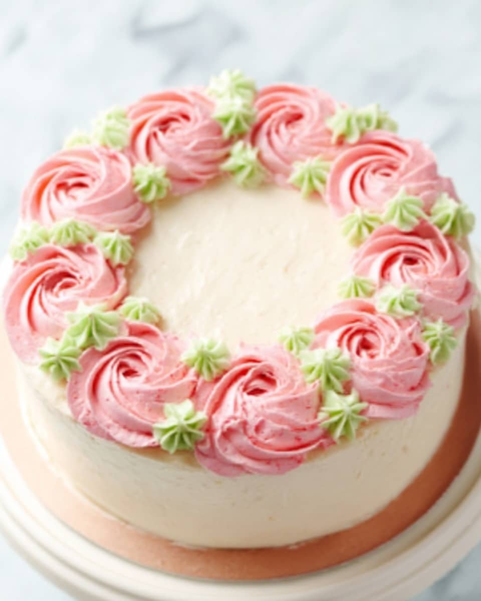 The image shows a round cake with smooth white frosting on the sides and top. Around the edge of the top, there are nine pink rosettes made of icing, each with detailed swirling petals. Between the rosettes, small green star-shaped dollops of icing add a pop of color. The cake is placed on a clear cake stand over a white marbled surface. Photo taken with an iphone --ar 4:5 --v 7
