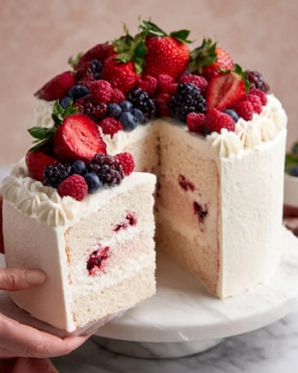 The image shows a round cake with smooth white frosting on the outside, sitting on a white plate. The cake is cut to show three layers inside, each light pink with bits of mixed red and dark berries. Between the layers, there is a thin white cream filling with more small berries mixed in. On top of the cake, there are whole strawberries, raspberries, blackberries, and blueberries arranged in a heap. Near the cake, there is a green plant, and the surface is a white marbled texture. Photo taken with an iphone --ar 4:5 --v 7
