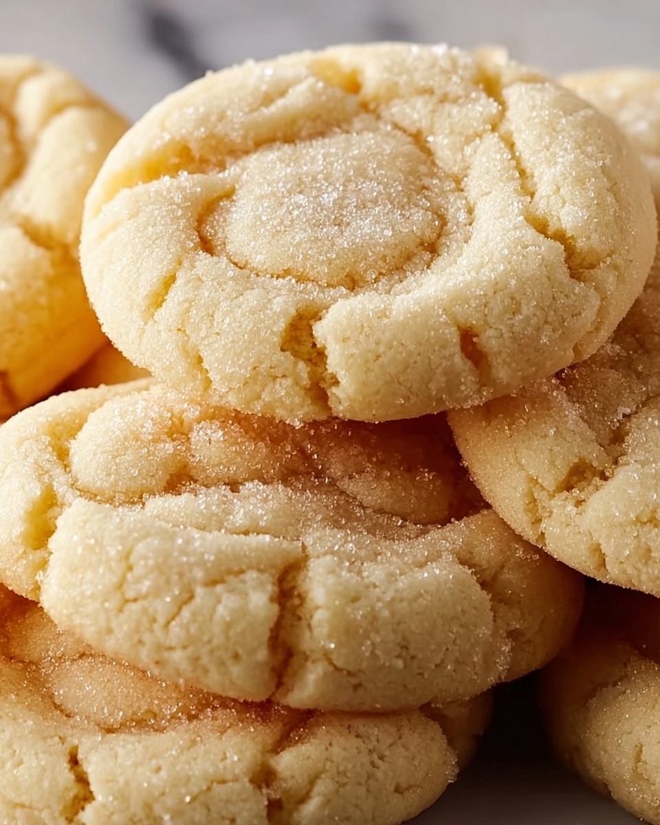 A close-up view of several golden brown sugar cookies stacked closely together, each cookie showing a fine sugar coating on its slightly cracked surface. The cookies have a soft, crumbly texture with small ridges and creases, and their round shapes overlap gently in a casual pile. The background is a white marbled texture. photo taken with an iphone --ar 4:5 --v 7