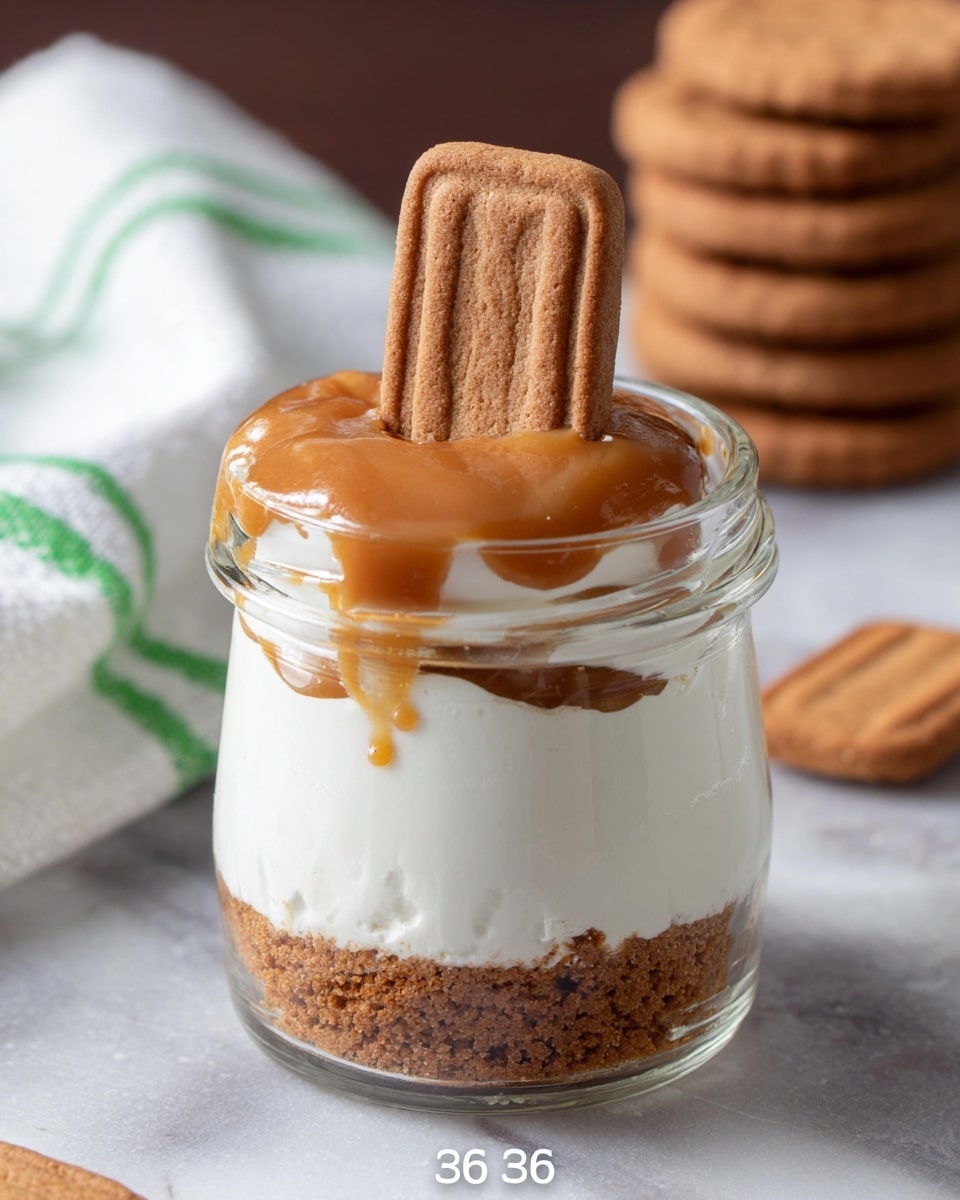 A clear glass jar with three visible layers stands on a white marbled surface; the bottom layer is a crumbly brown cookie base, the middle layer is thick and smooth white cream filling most of the jar, and the top layer is a glossy caramel sauce that slightly spills over the jar’s edge with a swirl of white cream mixed in. A brown rectangular cookie is partially dipped into the caramel topping, leaning against the side of the jar, and more similar cookies lie blurred in the background. Photo taken with an iphone --ar 4:5 --v 7