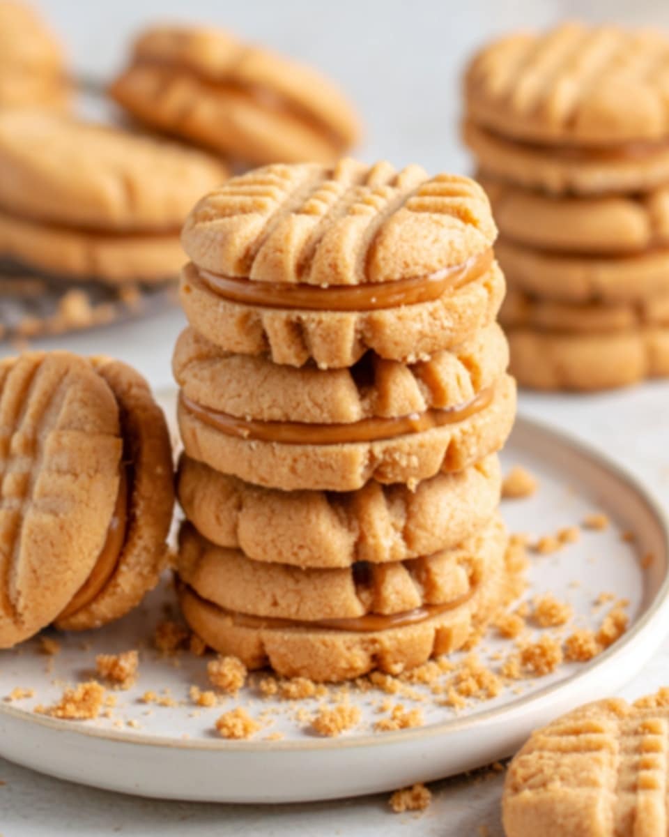 A stack of four peanut butter cookies with visible fork marks on top, showing their light golden color and crumbly texture. Each cookie is thick and smooth with a slightly glossy look and small cracks on the surface. The cookies are placed on a white plate, and some cookie crumbs are scattered around. In the background, more cookies are partially visible, also showing the same texture and color. The surface beneath the plate has a white marble texture. photo taken with an iphone --ar 4:5 --v 7