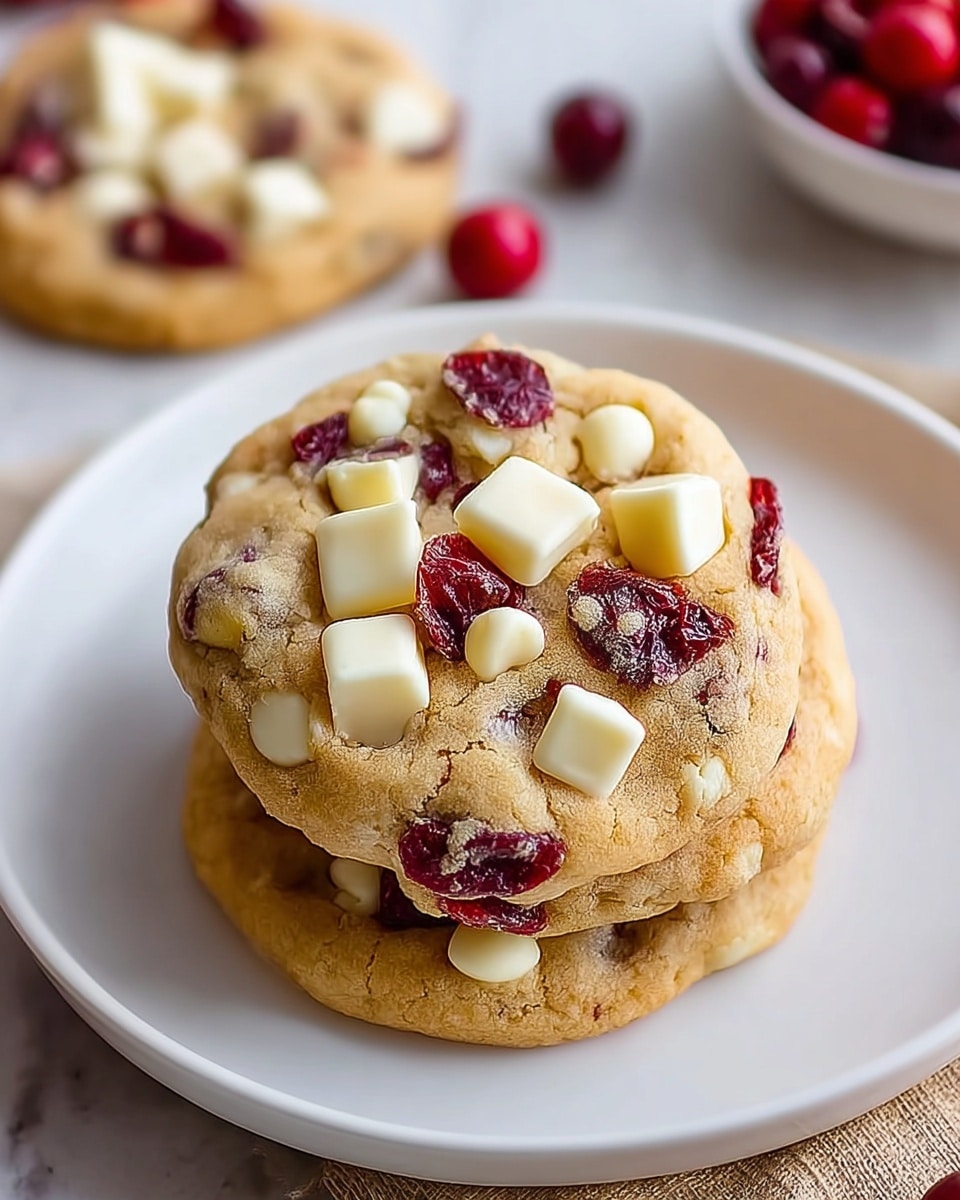 A white plate holds three stacked cookies with a light golden brown base. Each cookie is dotted with bright red dried cranberries and creamy white chocolate chunks, scattered evenly across the top surface. The cookies have a soft, slightly crumbly texture visible at the edges. The plate sits on a white marbled surface, and some scattered cranberries and a white bowl filled with more cookies are softly blurred in the background, creating a cozy and inviting scene. photo taken with an iphone --ar 4:5 --v 7