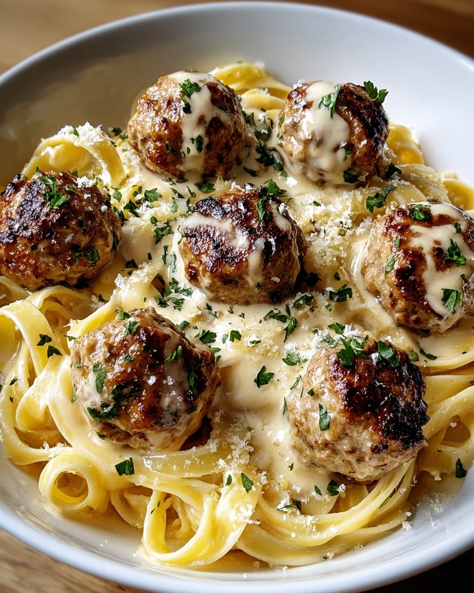 A white bowl filled with creamy yellow pasta arranged in a circular nest, topped with eight browned meatballs each coated lightly with melted cheese and sprinkled with small green herb pieces. The pasta strands appear smooth and glossy, covered evenly with a rich sauce, while the meatballs show a crispy texture with a golden-brown crust. Some grated cheese and herbs are scattered over the dish, adding texture and color contrast. The setting includes a wooden surface underneath the bowl. photo taken with an iphone --ar 4:5 --v 7
