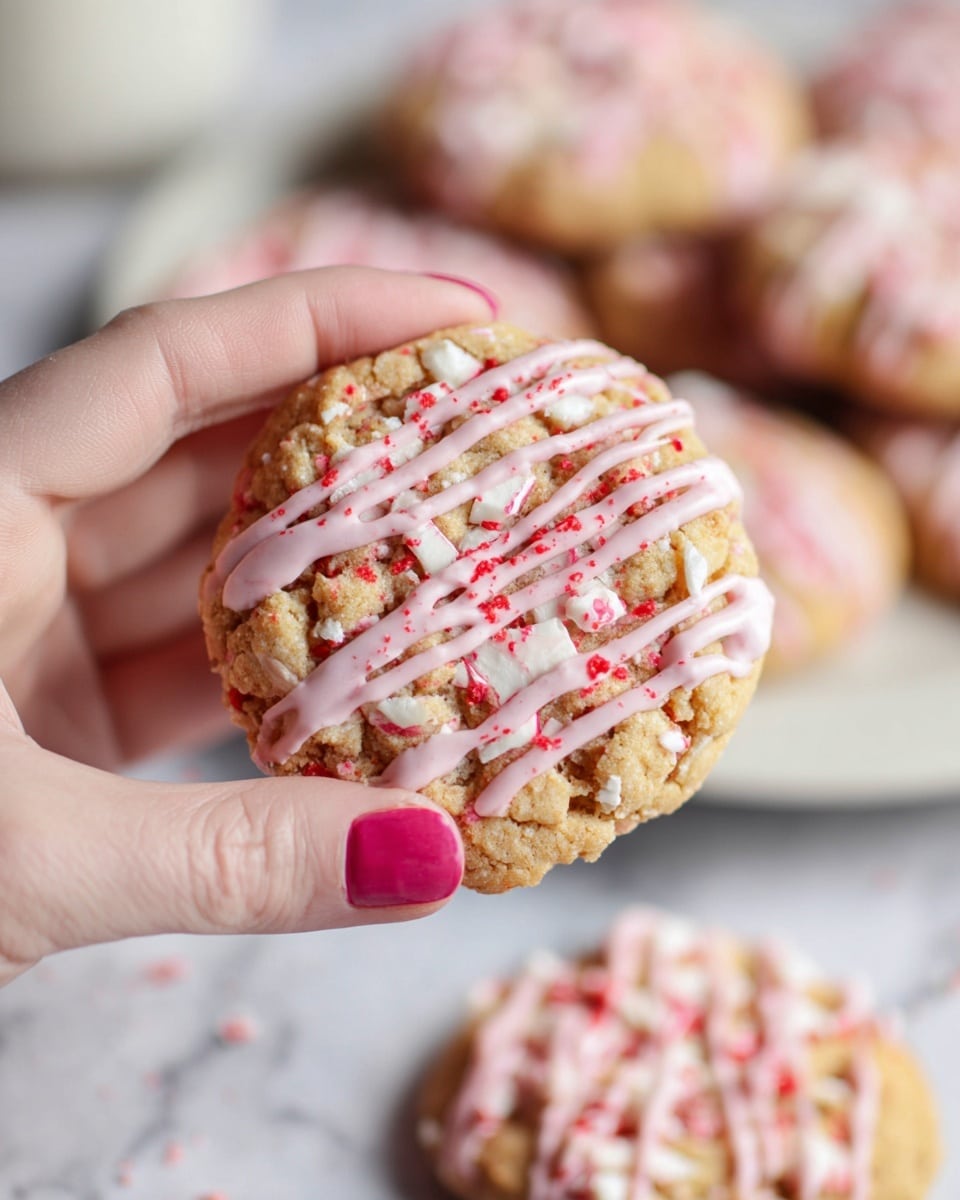A close-up of a round cookie held by a woman's hand with pink nail polish, showing a rough, crumbly texture mixed with pieces of white and red candy embedded throughout. The cookie features three thin, diagonal lines of pale pink icing drizzled across the top and is sprinkled with tiny red sugar crystals. In the background, blurred white bowls and more cookies sit on a white marbled surface. photo taken with an iphone --ar 4:5 --v 7