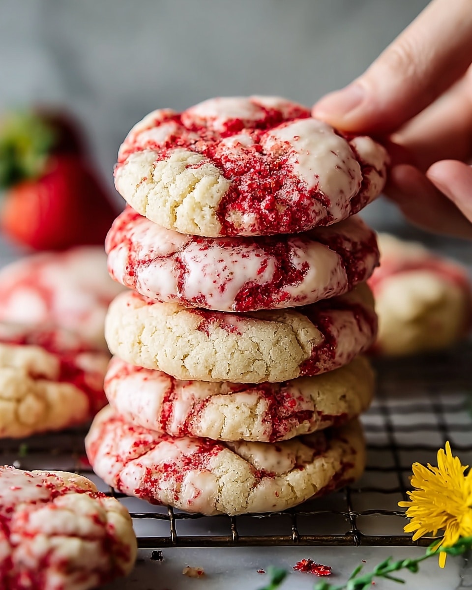 A close-up view of a stack of four soft, round cookies with a cracked surface, each cookie decorated with bright red swirls and specks embedded in a pale pink dough. The top cookie has visible cracks that show the vibrant red filling or batter beneath, giving a marbled effect with rough, slightly crumbly texture. Around the stack, a few more cookies are scattered, showing similar cracked patterns with red spots. The background is a white marbled texture with some blurred red strawberries and small yellow flowers adding a fresh touch. Photo taken with an iphone --ar 4:5 --v 7