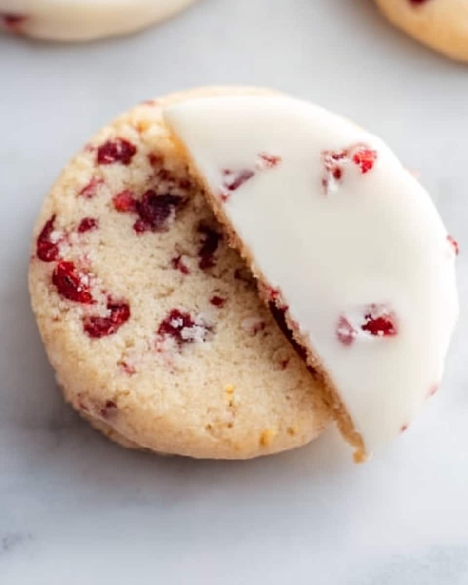 The image shows a close-up of two round cookies on a white marbled surface. Each cookie has about two layers: the base layer is light beige with dark red pieces mixed inside, giving a speckled look, and one half of the top layer is covered in a smooth, glossy white coating. The cookies are stacked slightly overlapping, with the front cookie fully visible and the second cookie partially hidden behind it. Photo taken with an iphone --ar 4:5 --v 7