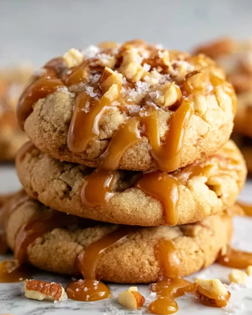 A close-up image of a stack of three cookies on a white marbled surface, each cookie thick and cracked on the top with a golden-brown color. The cookies are topped with small peanut pieces and drizzled with caramel sauce that shines in the light, adding a glossy texture. The background is blurred, keeping the focus on the cookies' rough texture and gooey caramel drip. Photo taken with an iphone --ar 4:5 --v 7