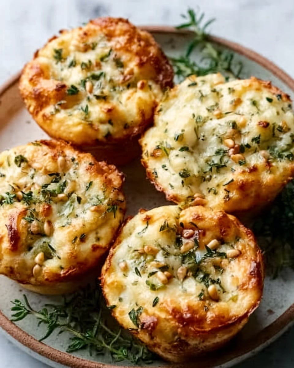 The image shows three small savory muffins on a white plate with a brown rim, placed on a white marbled surface. Each muffin has a golden-brown top sprinkled with green herbs and some melted cheese, creating a textured and slightly crispy layer. The herbs add a fresh green contrast against the light golden color of the muffins, which have a soft, fluffy inner layer visible beneath the crisp top. Small sprigs of fresh thyme are placed nearby, adding more green tones and a natural touch. The lighting highlights the texture and warmth of the muffins, giving the scene a cozy and inviting feel. Photo taken with an iphone --ar 4:5 --v 7