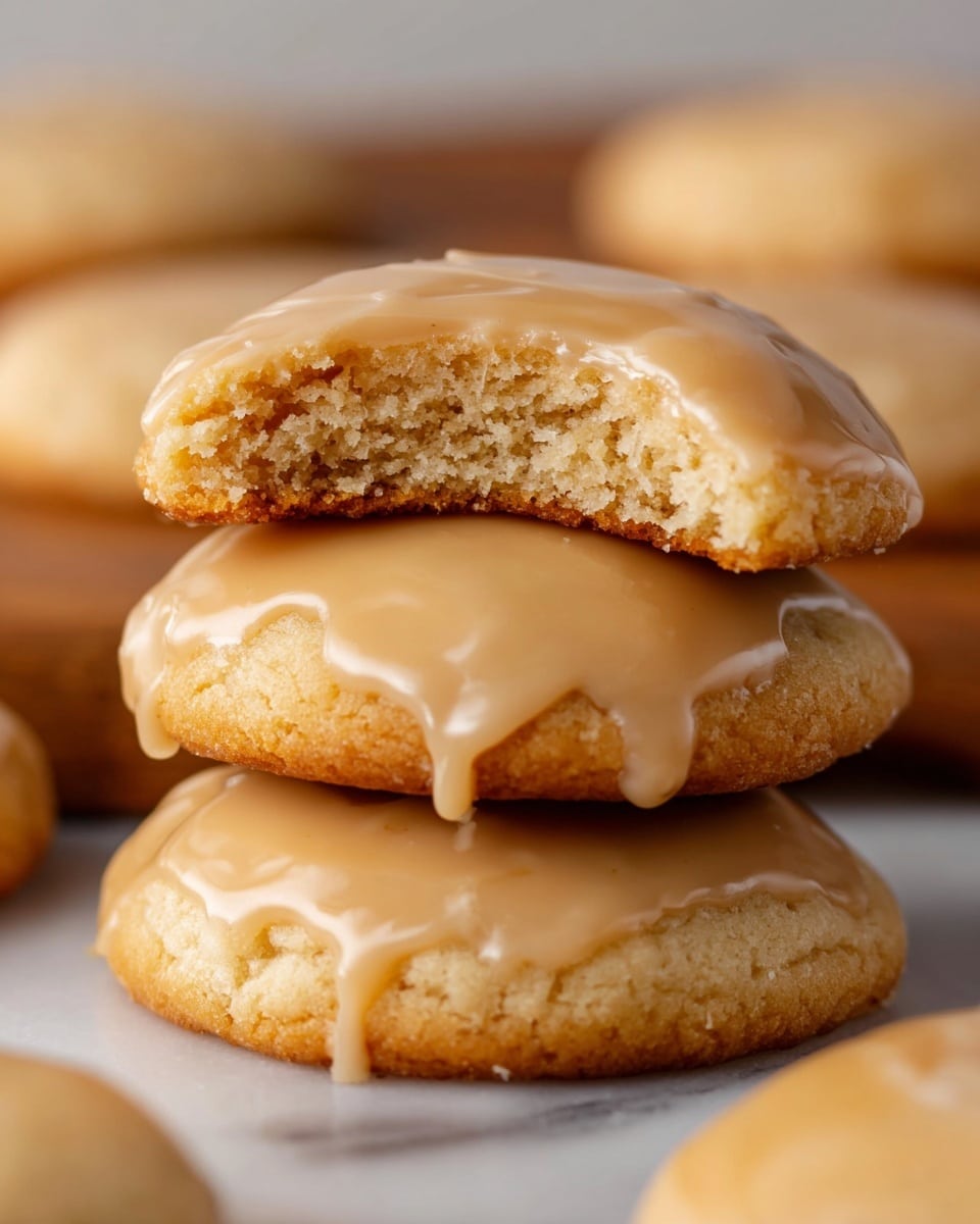 A stack of three round cookies with smooth, light brown glaze on top is shown. The bottom layer is a golden-baked cookie with a slightly crumbly texture. The middle layer is another cookie topped with a thick, shiny caramel-colored glaze that drips slightly over the cookie's edge. The top cookie is partially bitten, revealing a soft, crumbly inside with the same smooth glaze coating its top. More similarly glazed cookies are blurred in the background. The cookies rest on a dark wooden surface with a warm tone, and the background is softly out of focus with a cozy feeling. photo taken with an iphone --ar 4:5 --v 7