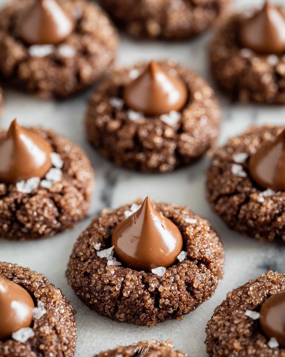 The image shows several round chocolate thumbprint cookies arranged closely on a white marbled surface, each cookie having two main layers: a rough-textured, dark brown outer base with visible coarse sugar crystals giving a sparkling effect, and a smooth, shiny dollop of milk chocolate in the center shaped like a peak, with a few small white flakes on top of the chocolate. Photo taken with an iphone --ar 4:5 --v 7