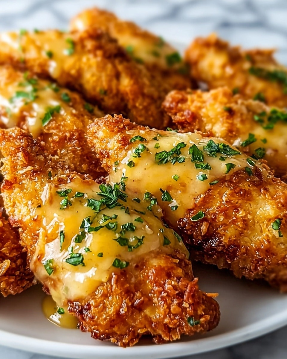 The image shows close-up crispy golden-brown fried fish pieces arranged side by side, each piece topped with a smooth light yellow sauce drizzled in the center and sprinkled with chopped green herbs. The fish has a crunchy, textured crust with small browned spots, and the sauce has a glossy, creamy appearance. The background is a white marbled texture. photo taken with an iphone --ar 4:5 --v 7