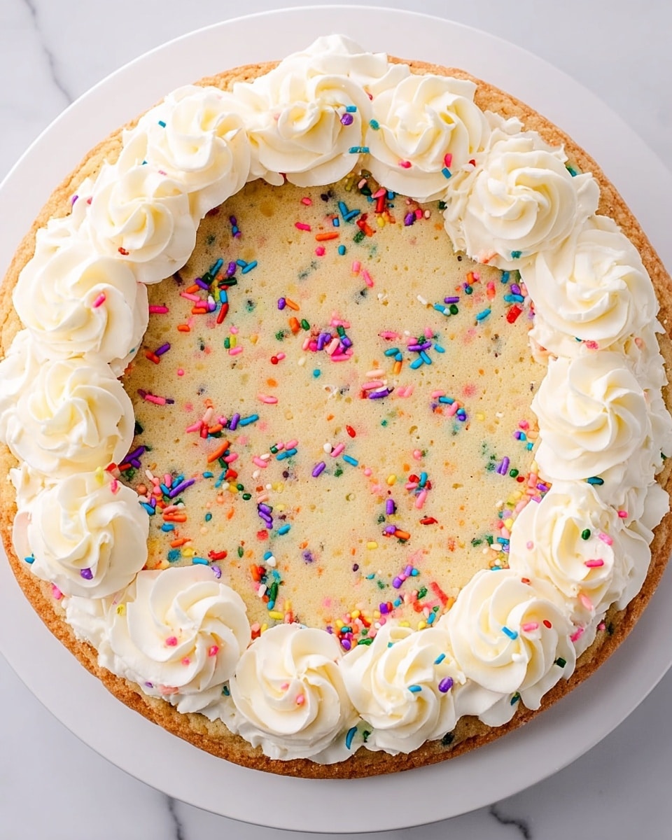 A close-up view of a single-layer round cake on a white plate, with the cake having a light yellow color speckled with colorful sprinkles of red, blue, green, purple, and yellow scattered throughout. The cake is decorated around the edge with evenly spaced swirls of creamy white frosting, forming a circle on top. The cake sits on a white marbled surface. photo taken with an iphone --ar 4:5 --v 7