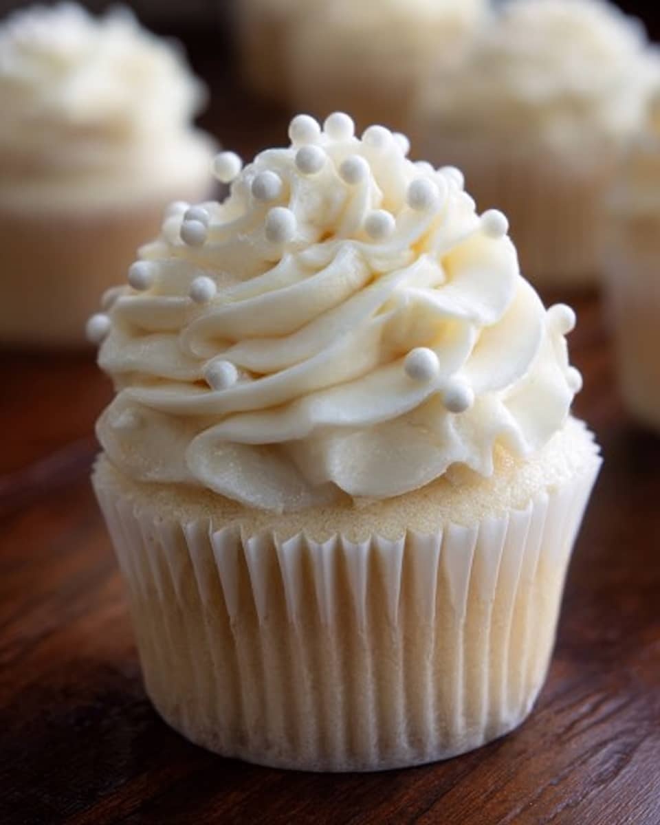 A close-up of a single white cupcake with soft, light-colored cake base wrapped in a white ridged paper liner. The top is covered with creamy white swirled frosting forming smooth, flowing layers that build up into a rounded peak. Small round white sugar pearls are scattered evenly over the frosting, adding a delicate texture contrast. The cupcake sits on a dark brown wooden surface, with more cupcakes blurred in the background. photo taken with an iphone --ar 4:5 --v 7