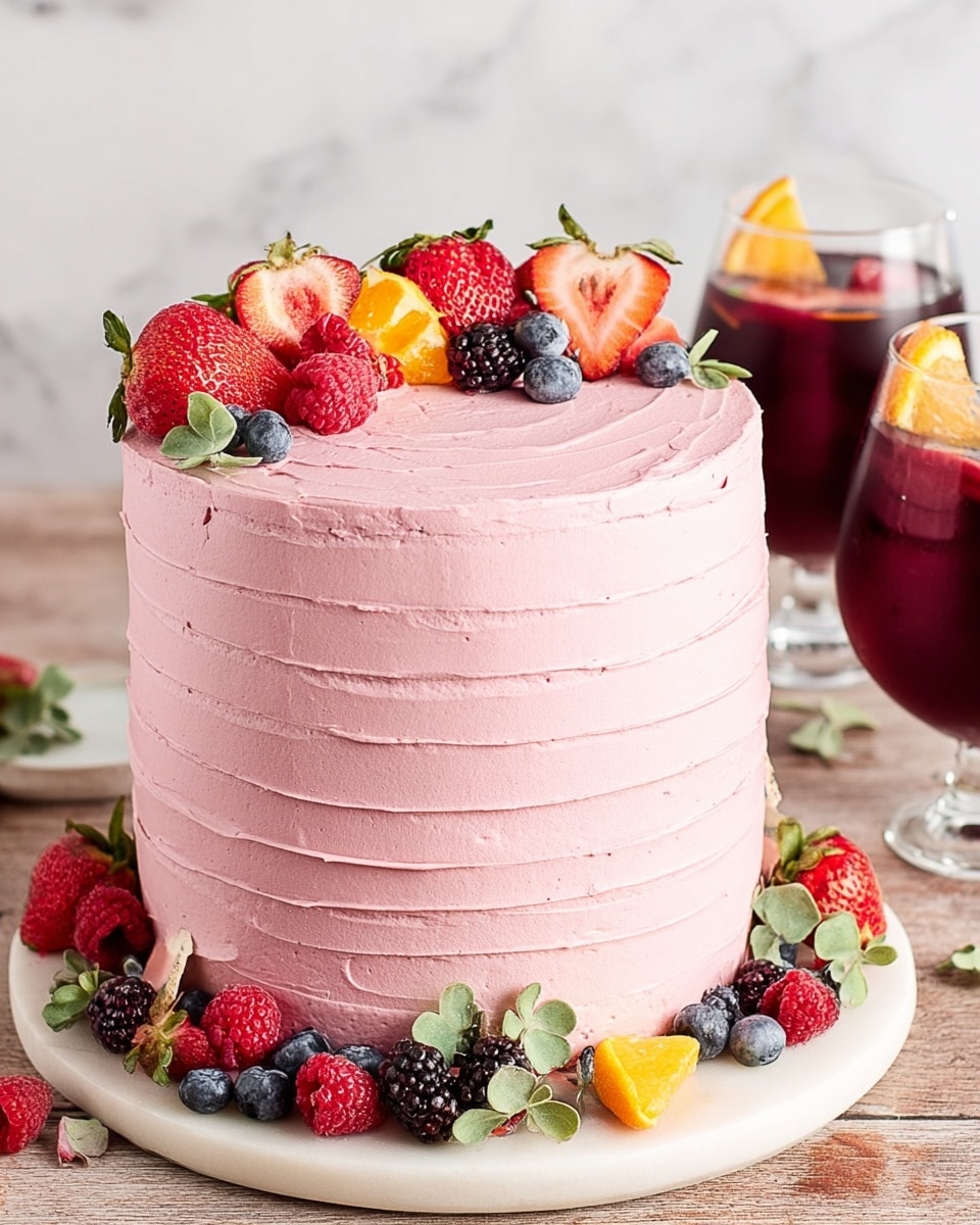 A tall cake with smooth pink frosting is shown, covered evenly with horizontal ridges all around. The top has a spiral pattern in the pink frosting, and it is decorated with a mix of fresh berries like strawberries, raspberries, blackberries, blueberries, and small flower sprigs arranged neatly on one side. Around the base of the cake, there is a small garland of green leafy herbs with scattered fresh fruit pieces including a strawberry half, blueberries, a raspberry, blackberries, and a small orange slice. The cake sits on a round white marble board on a white marbled surface. In the background, two clear glasses filled with dark red berry drink garnished with orange slices can be seen. photo taken with an iphone --ar 4:5 --v 7