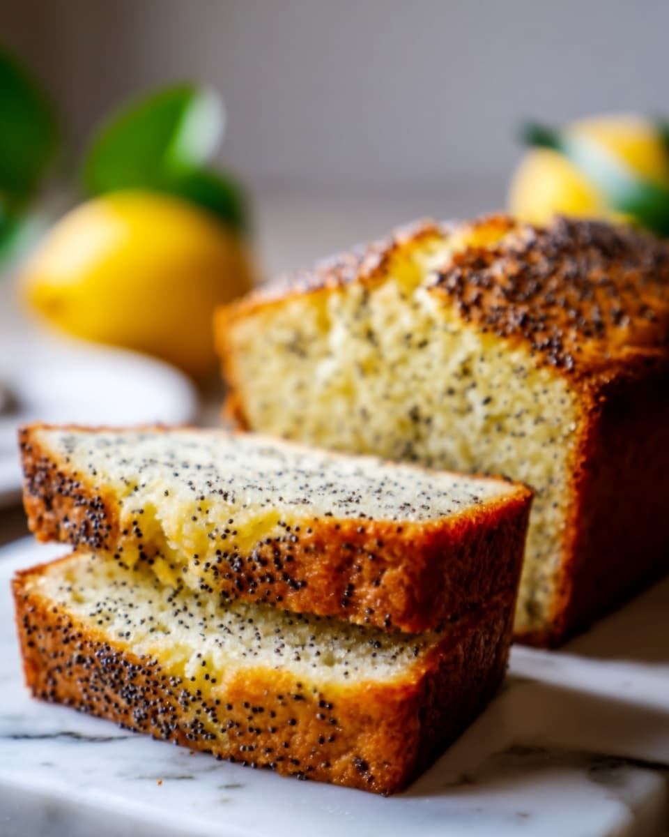 The image shows a close-up of two thick slices of poppy seed cake. The cake has a golden brown crust with tiny black poppy seeds visible on top and throughout the soft, light yellow inside. The texture of the cake looks moist and fluffy. The slices sit on a white marbled surface, with a blurred lemon and green leaves in the background, giving a fresh feel. photo taken with an iphone --ar 4:5 --v 7