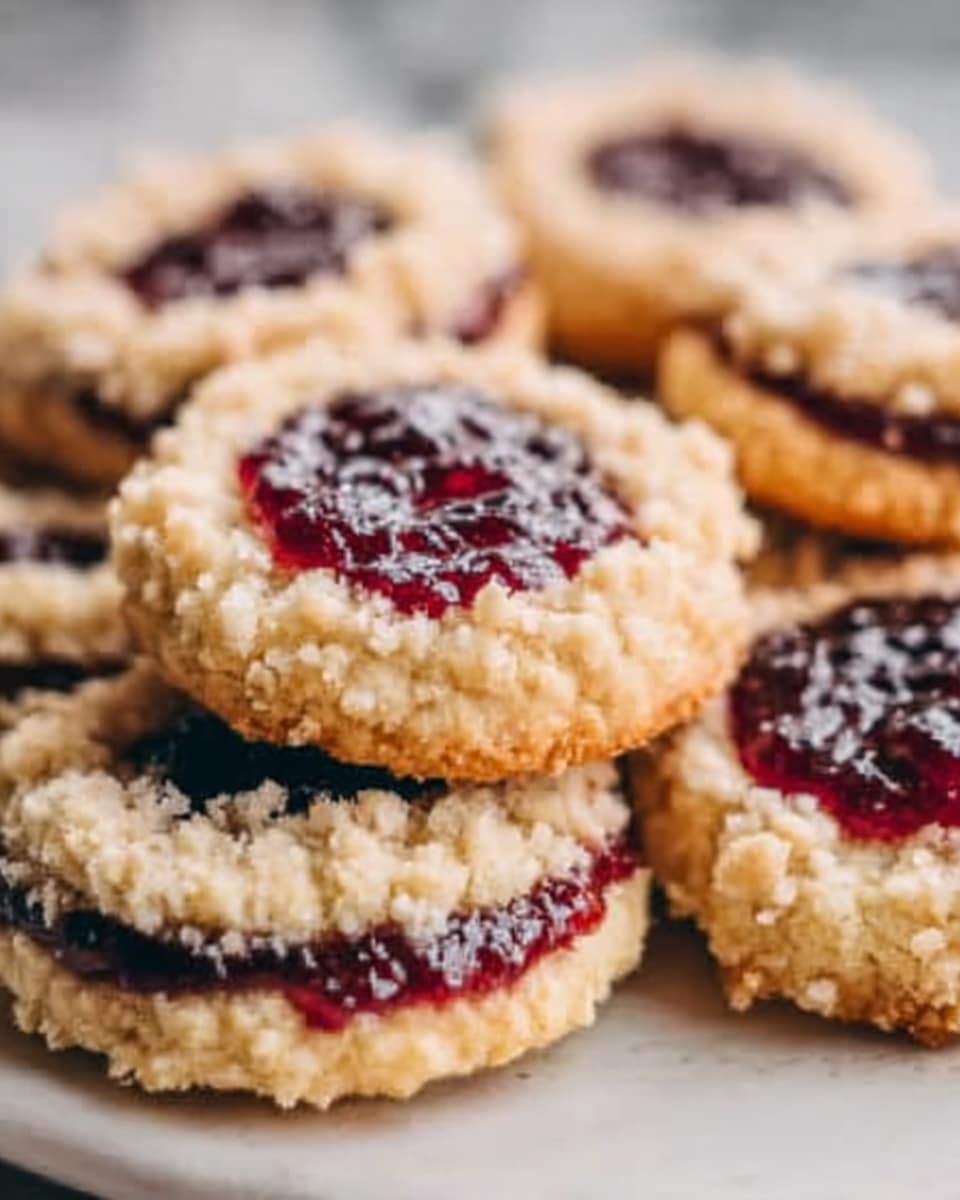The image shows a group of round cookies arranged closely together, each with three distinct layers. The bottom layer is golden brown and slightly crumbly, forming the base. The middle layer is a dark red, jelly-like filling that looks smooth and glossy. The top layer is made of small, light-colored crumbs scattered unevenly, adding a crunchy texture. The cookies have slightly rough edges and a soft, homemade feel. They are placed on a white plate, set on a white marbled surface. photo taken with an iphone --ar 4:5 --v 7