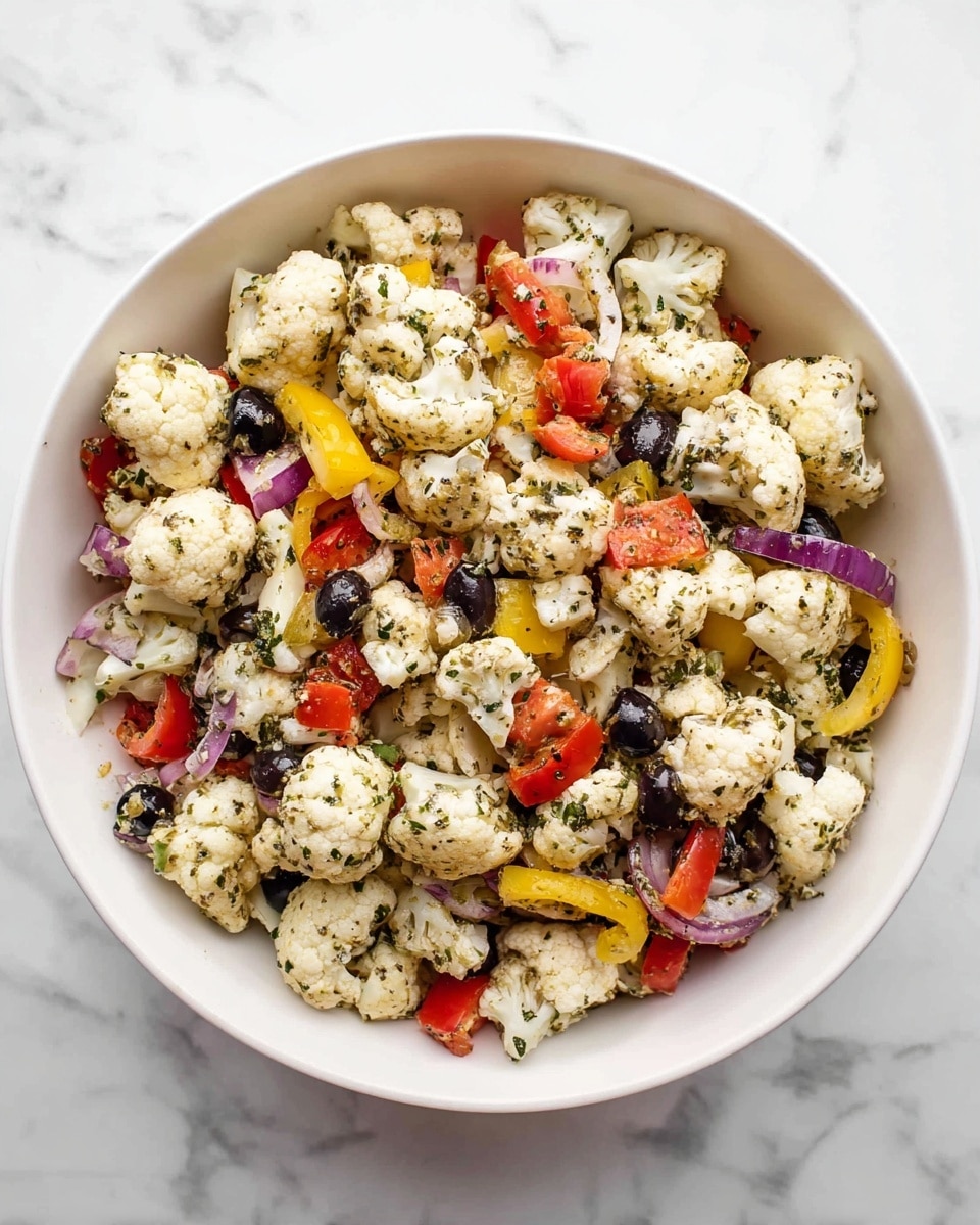 A white bowl filled with a colorful cauliflower salad sits on a white marbled surface. The salad has roughly three main layers: white cauliflower florets make up the largest part, mixed evenly with small pieces of bright red bell pepper, thin slices of yellow pepper rings, chopped purple onion, and scattered black olives. The vegetables are lightly coated with green herbs and spices that add a textured look throughout. The mix appears fresh and well tossed, with the colors contrasting vibrantly against the white bowl and surface. photo taken with an iphone --ar 4:5 --v 7