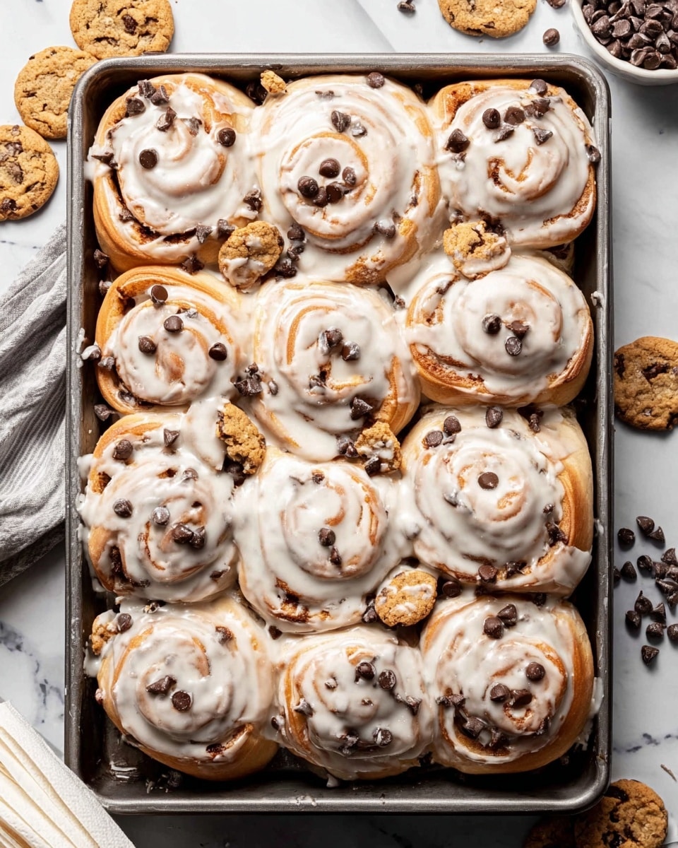 A metal baking tray filled with 12 large cinnamon rolls, each topped with a thick, white glaze that partly drips down the sides, showing light golden-brown dough swirled with darker cinnamon and studded with chocolate chips. Scattered on top and around the cinnamon rolls are small whole and broken mini chocolate chip cookies, adding a crunchy texture contrast. The tray is placed on a white marbled surface, with some chocolate chips and cookie pieces scattered around, and a small stack of paper towels to the side. Photo taken with an iphone --ar 4:5 --v 7
