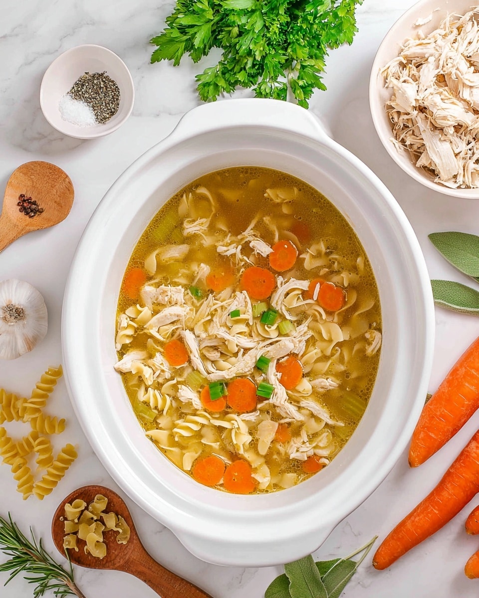 The image shows a white oval bowl filled with chicken noodle soup. The soup has a clear golden broth with orange carrot slices, light yellow spiral pasta, and white shredded chicken pieces, all mixed together and garnished with small green herb pieces on top. Surrounding the bowl are a white bowl of shredded chicken, fresh green parsley, whole carrots, celery sticks, small white dishes with salt and black pepper, bay leaves, rosemary sprigs, garlic cloves, loose pasta spirals, and wooden spoons on a white marbled surface. photo taken with an iphone --ar 4:5 --v 7