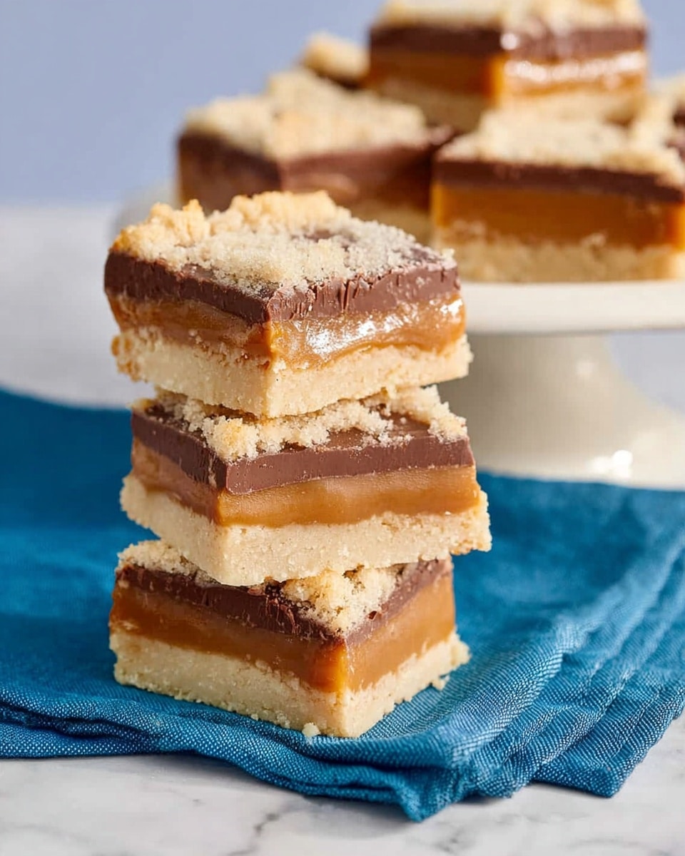 The image shows a stack of square dessert bars with three distinct layers. The bottom layer is crumbly and light beige, resembling a shortbread crust. The middle layer is a smooth, shiny caramel in a warm golden brown color. Above the caramel is a slightly thicker layer of milk chocolate, dark brown and creamy in texture. The top layer mirrors the bottom with the same crumbly, light beige shortbread texture. The bars are placed on a blue cloth, and more bars stand on a small white pedestal plate in the background, all set on a white marbled surface. photo taken with an iphone --ar 4:5 --v 7