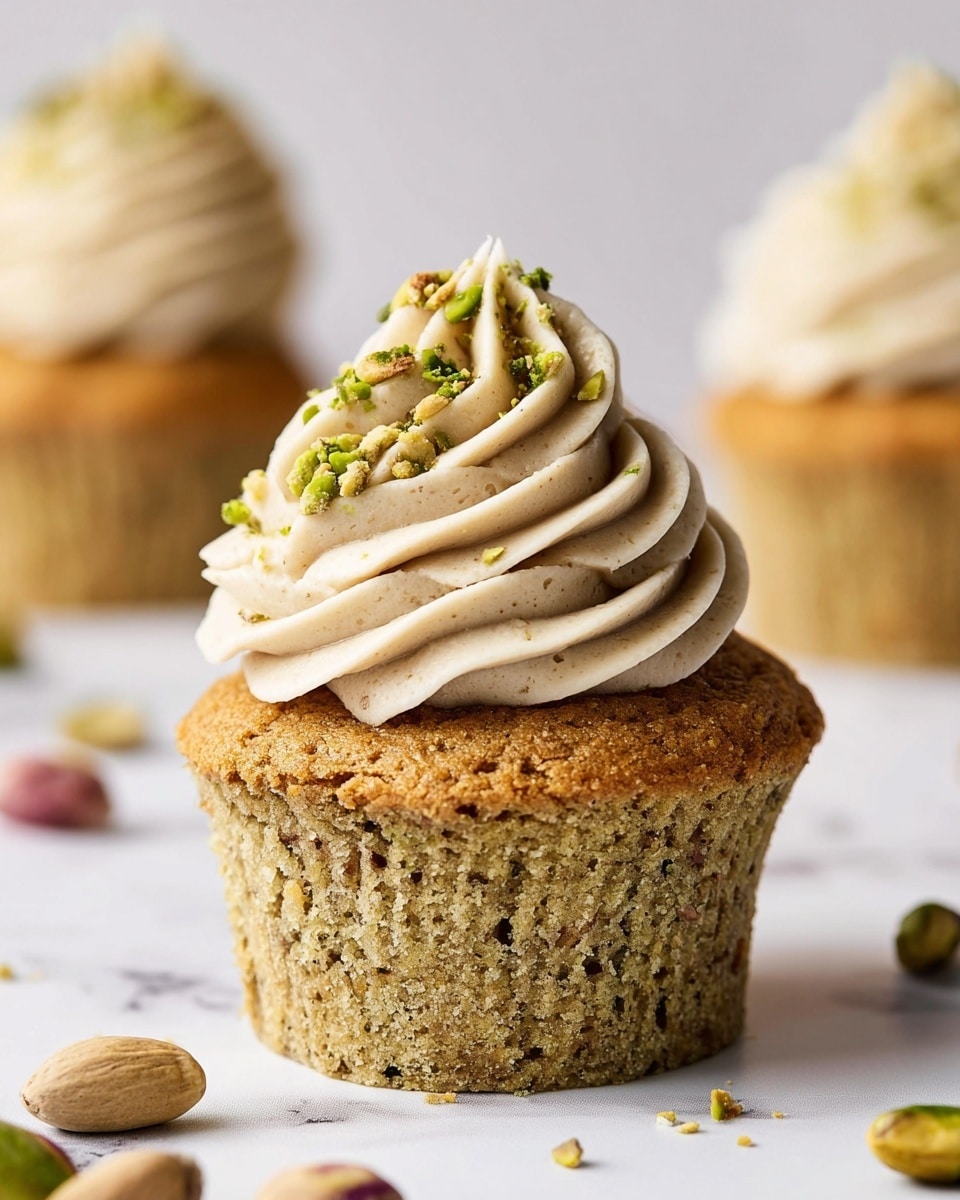 A single cupcake sits on a white marbled surface, showing two clear layers: the bottom layer is a textured, light brown cake with specks of darker bits, and the top layer is a thick swirl of light beige frosting evenly piped in a spiral pattern. The frosting is sprinkled with small pieces of green pistachio nuts. Around the cupcake, there are a few whole and halved pistachio nuts scattered. In the blurred background, two more cupcakes are visible with the same frosting style. photo taken with an iphone --ar 4:5 --v 7