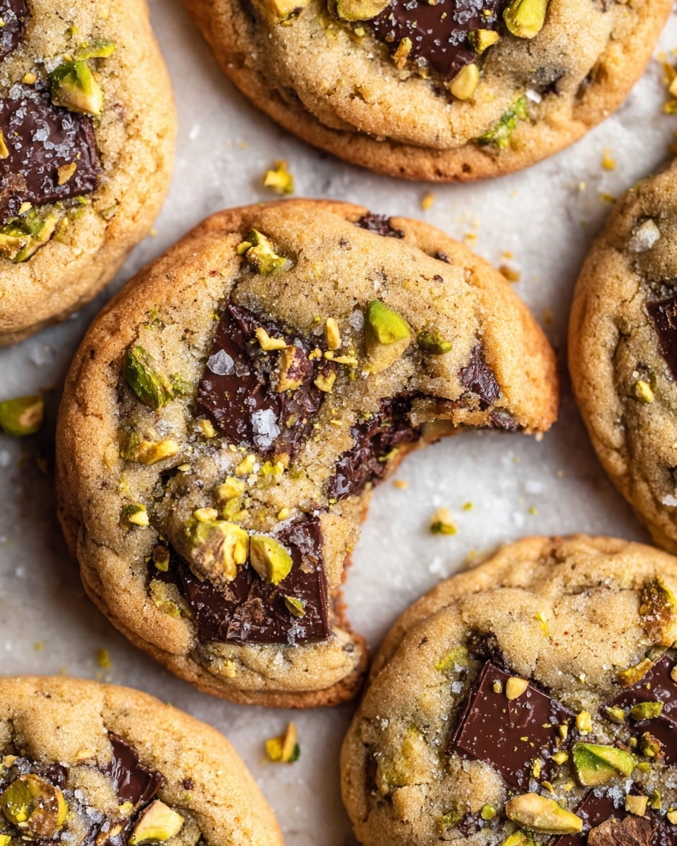 A close-up view of several golden brown cookies with visible large dark chocolate chunks embedded across their soft, slightly textured surface, topped with small pieces of crushed pistachios and a sprinkling of coarse salt crystals; one cookie is in the center with a large bite taken out, showing a chewy, moist interior and some scattered pistachio pieces around it, all placed on a white marbled surface photo taken with an iphone --ar 4:5 --v 7