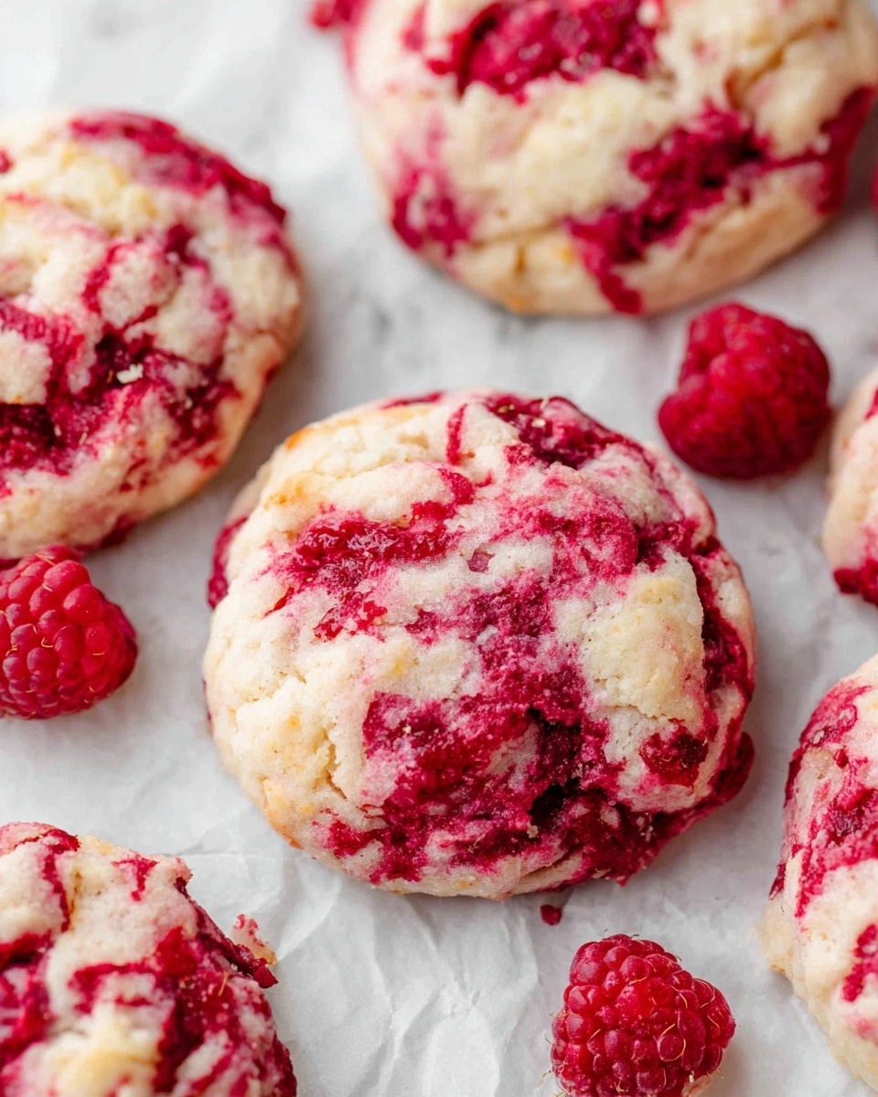 The image shows several round cookies with a rough texture, placed on white parchment paper over a white marbled surface. Each cookie has a mix of creamy white dough swirled with bright red raspberry pieces, creating a marbled effect with uneven red blotches throughout the slightly puffy cookies. Small chunks of fresh raspberries, bright red and textured, are scattered around the cookies on the parchment paper, adding a fresh, colorful touch. The cookies appear soft and chewy with a slightly crisp edge. Photo taken with an iphone --ar 4:5 --v 7