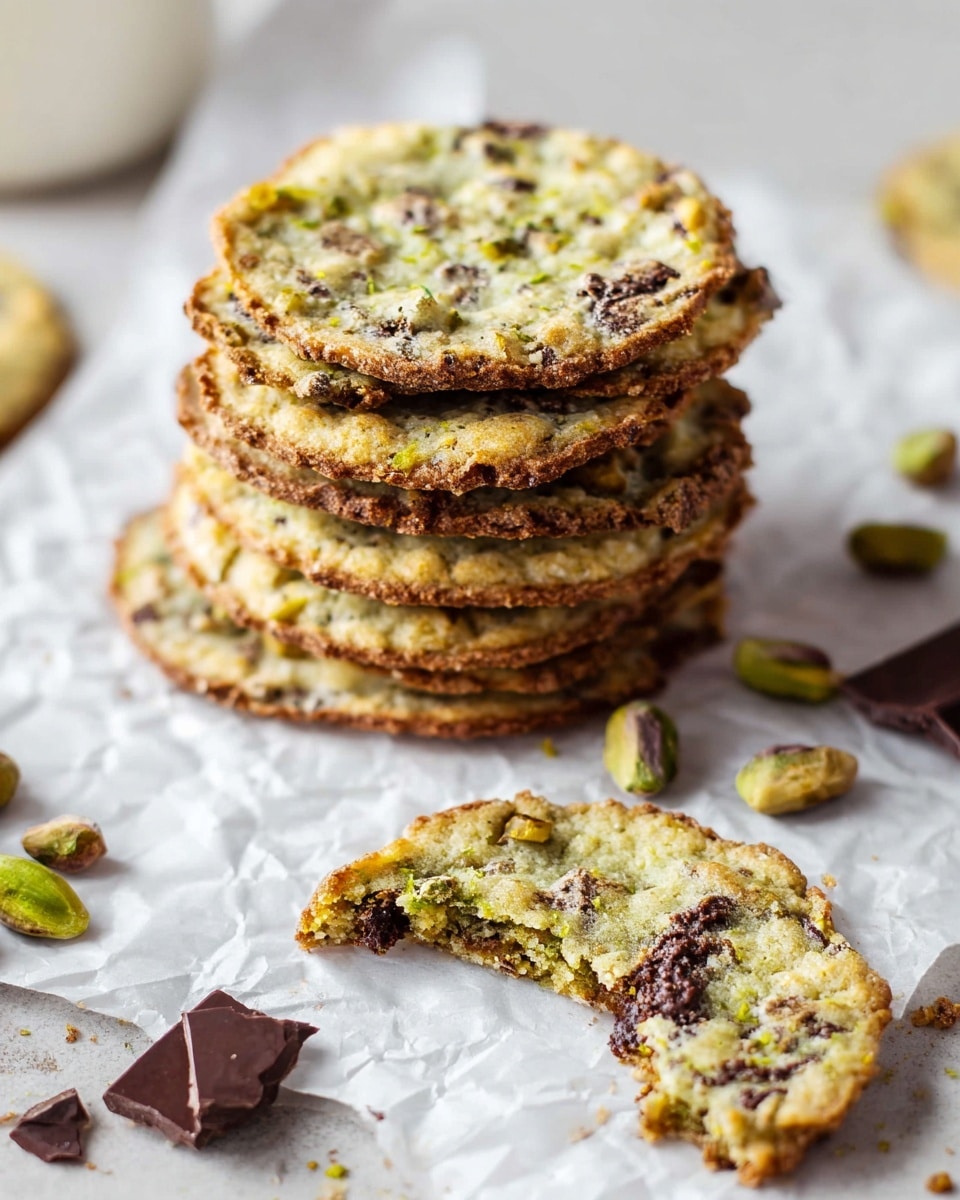 A stack of thin, round cookies with a golden-brown edge and a textured surface showing bits of green pistachios and dark chocolate pieces is placed on white crumpled parchment paper over a white marbled background. One cookie in the foreground is bitten, revealing a slightly chewy inside with visible nuts and chocolate chunks; beside it lie two broken cookie pieces. Scattered around are whole green pistachios and small dark chocolate shards, adding contrast and interest to the scene. photo taken with an iphone --ar 4:5 --v 7