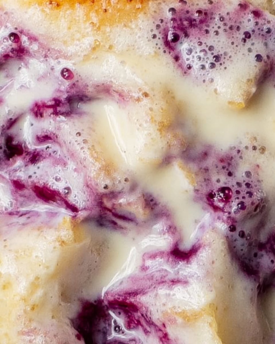A close-up of a dessert showing soft, light golden layers with a creamy white sauce soaked over them, mixed with swirls of bright purple fruit sauce. The texture looks fluffy and moist with small bubbles on the surface of the cream, making the dish appear rich and fresh. The layers of the dessert are irregular, with some parts slightly browned and others wet with sauce, blending the white cream and purple sauce smoothly across the top. The whole image is set against a white marbled texture background. photo taken with an iphone --ar 4:5 --v 7