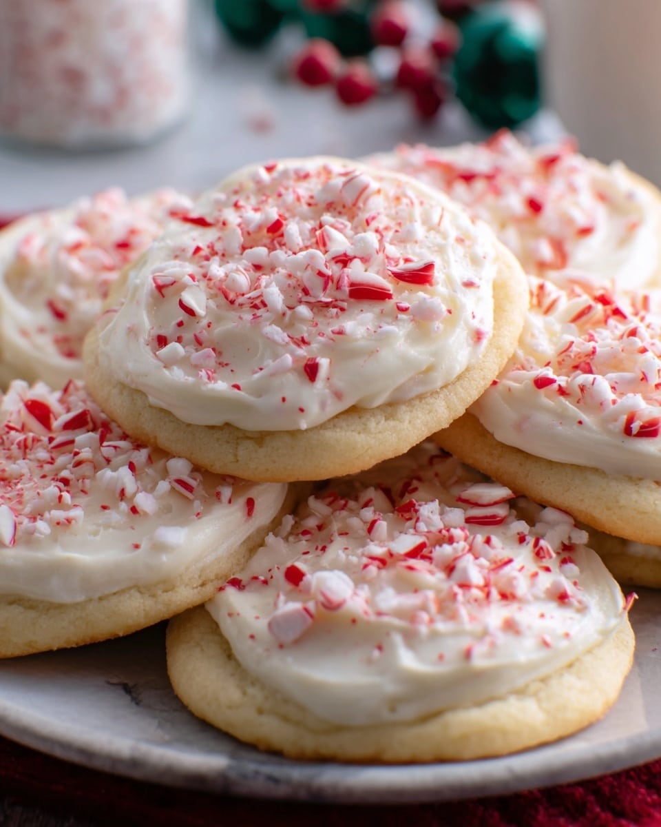 The image shows a white plate filled with several soft, round sugar cookies that are topped with thick, creamy white frosting. Each cookie has a layer of crushed red and white peppermint candy sprinkled evenly over the frosting, adding a textured, colorful contrast. The cookies are piled slightly on top of each other, showing their light golden-brown edges beneath the frosting. The background is a white marbled surface with blurred elements in the back, giving the scene a cozy feeling. Photo taken with an iphone --ar 4:5 --v 7