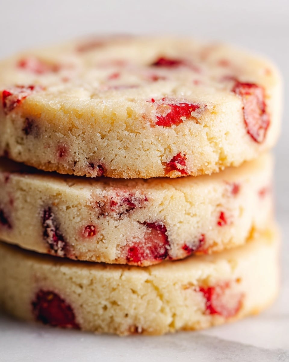 A close-up image of three stacked shortbread cookies, each round with a light golden color and a crumbly, soft texture. The cookies have bright red strawberry pieces scattered throughout, embedded within the dough, adding small bursts of color. The edges are slightly rough with a visible crumbly texture, and the background shows a clean white marbled texture. The image focuses closely on the cookie stack, creating a sense of depth with each cookie layer clearly visible. photo taken with an iphone --ar 4:5 --v 7