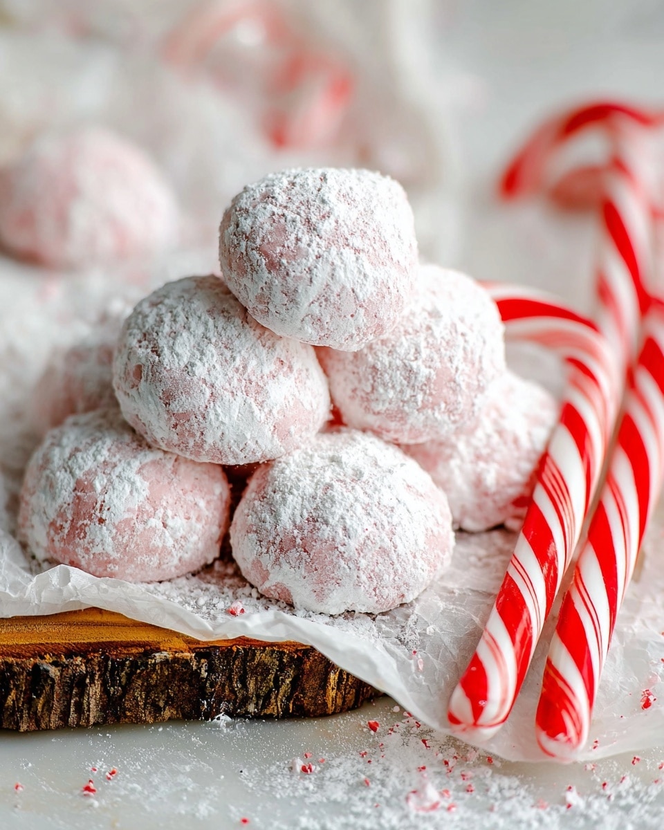 A group of soft, round pink cookies coated with a thick layer of white powdered sugar sit stacked on crumpled white parchment paper, which rests on a rough textured wooden slab. Two red and white striped candy canes flank the cookies, one leaning against the slab in the foreground and the other partially visible in the background. The setting is on a white marbled surface with soft lighting, giving a fresh and festive feel. Photo taken with an iphone --ar 4:5 --v 7