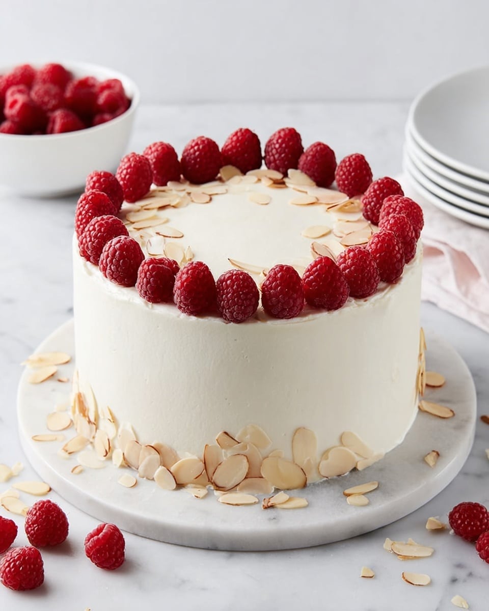 A tall round cake with smooth white frosting covering the outside completely, topped with a single layer of fresh red raspberries arranged in a circle near the edge, interspersed with thin almond slices. The cake stands on a round white marble board, with extra raspberries and almond slices scattered around on the white marbled surface. The background also shows a white bowl filled with raspberries and a stack of white plates on one side. Photo taken with an iphone --ar 4:5 --v 7