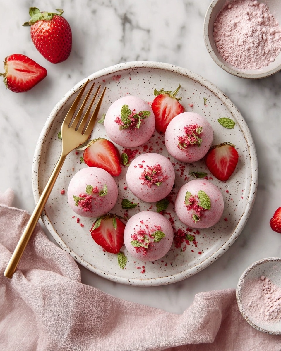 The image shows a white speckled round plate holding six pink round balls arranged in a circle with one in the middle. Each ball has small green leaves and red crumbles sprinkled on top. There are three fresh halved strawberries placed among the balls and around the plate. A golden fork is placed on the left side over the plate. The plate sits on a soft pink cloth with a halved strawberry and a small bowl of pink powder nearby, all set on a white marbled surface. photo taken with an iphone --ar 4:5 --v 7