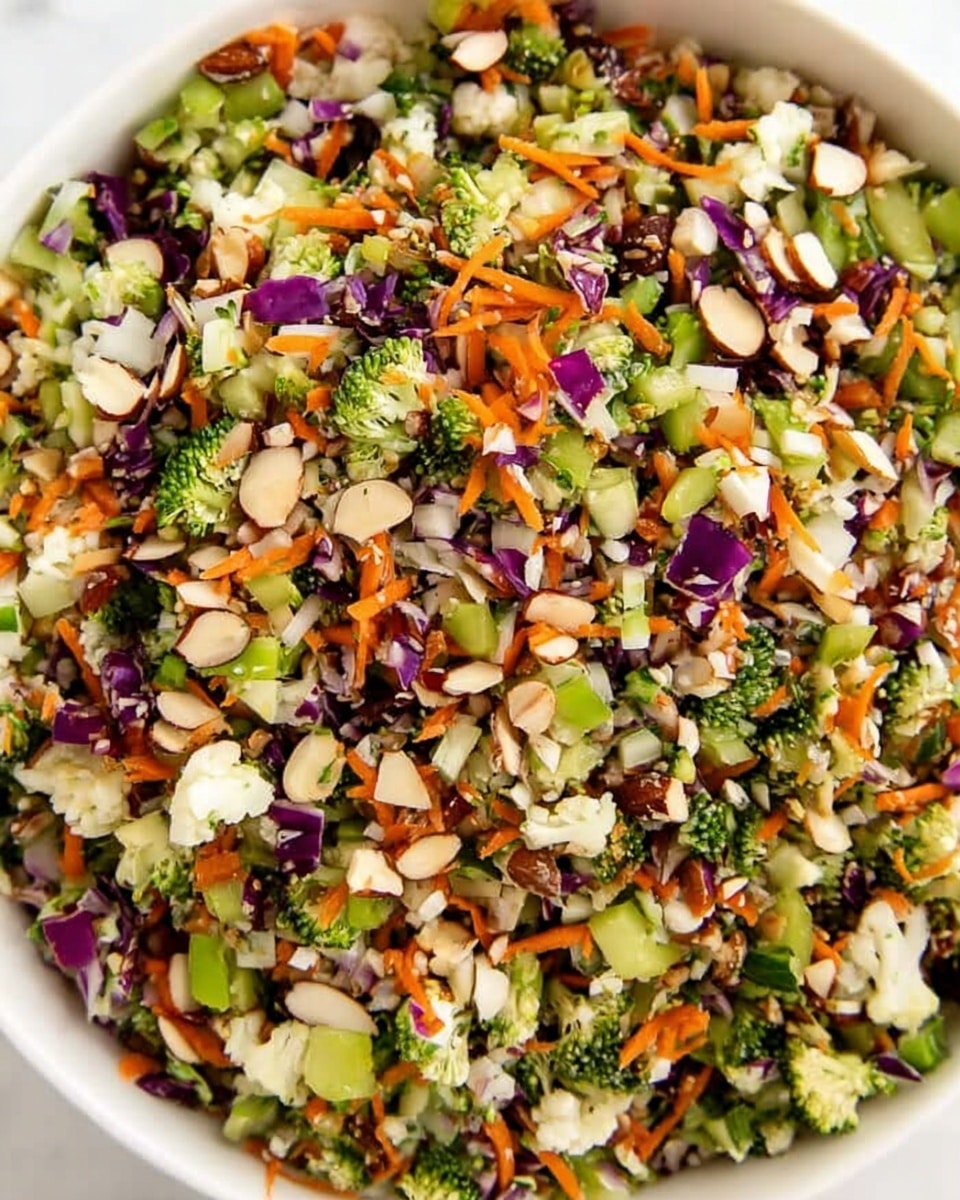 A close-up view of a colorful salad showing many small chopped layers mixed together, including bright orange carrot shreds, green broccoli pieces, light green celery chunks, deep purple cabbage strips, white cauliflower bits, and scattered almond pieces, all spread evenly across the surface. The textures range from crunchy vegetables to smooth nuts, and the mix creates a fresh and vibrant look. The salad sits in a white bowl, placed on a white marbled surface. photo taken with an iphone --ar 4:5 --v 7