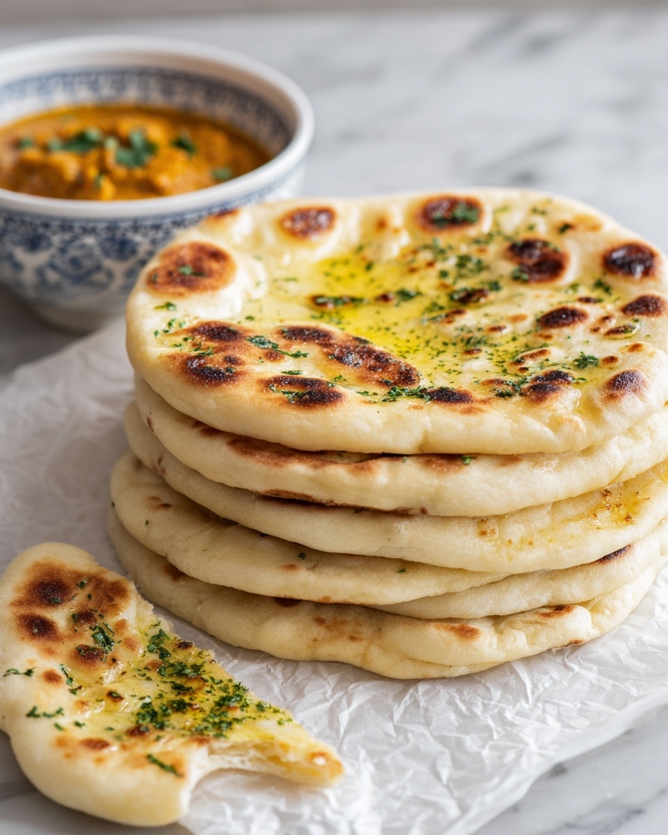 A stack of seven round, golden-brown naan breads sits on white parchment paper. Each naan has light and dark browned spots with a soft texture, and the top one is brushed with melted yellow butter and sprinkled with green herbs. A small piece of naan is pulled away in front of the stack, showing its soft inside and butter with herbs on top. In the background, there is a white bowl with a blue pattern filled with orange curry garnished with green herbs, all placed on a white marbled surface. Photo taken with an iphone --ar 4:5 --v 7