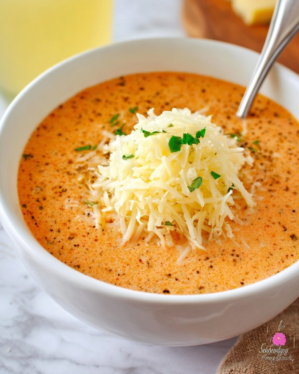 A white bowl filled with thick orange soup with small black specks, topped with a generous pile of finely shredded pale yellow cheese. Small bright green herb pieces are sprinkled on the cheese and soup. On the right rim of the bowl, a silver spoon is partially visible. The bowl sits on a white marbled surface with a blurred yellow drink in the background. photo taken with an iphone --ar 4:5 --v 7