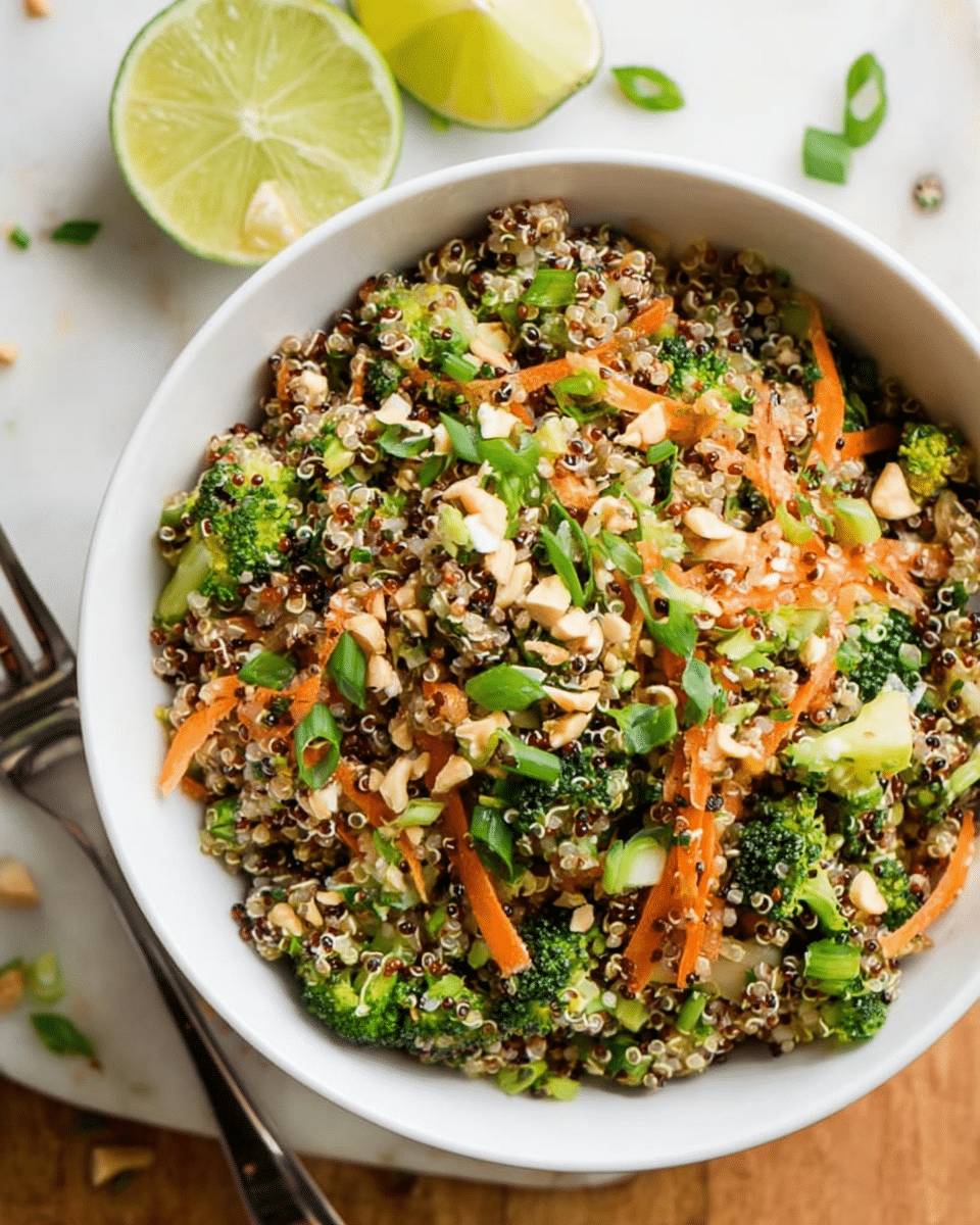 A white bowl filled with a colorful quinoa salad sits on a white marbled surface. The salad has several layers: the base is a mix of light beige and red quinoa grains with small green broccoli pieces scattered throughout. Thin orange carrot strips and chopped green onions add bright pops of color on top and mixed throughout. There are tiny bits of white nuts or seeds sprinkled over the salad, adding texture. Next to the bowl is a squeezed lime half and a silver fork lying on the white marbled surface. photo taken with an iphone --ar 4:5 --v 7