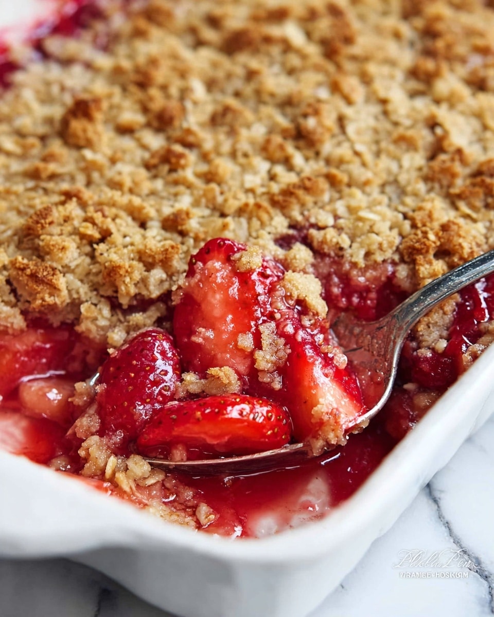 A close-up view of a white rectangular baking dish filled with a layered strawberry crumble. The bottom layer shows bright red cooked strawberry pieces mixed with syrup, glossy and juicy. On top, a golden brown crumbly oat topping with coarse texture covers half of the dish, while the other half reveals the soft strawberry filling. A silver spoon scoops a portion showing both the red fruit and crumb layers. The dish sits on a white marbled surface. Photo taken with an iphone --ar 4:5 --v 7