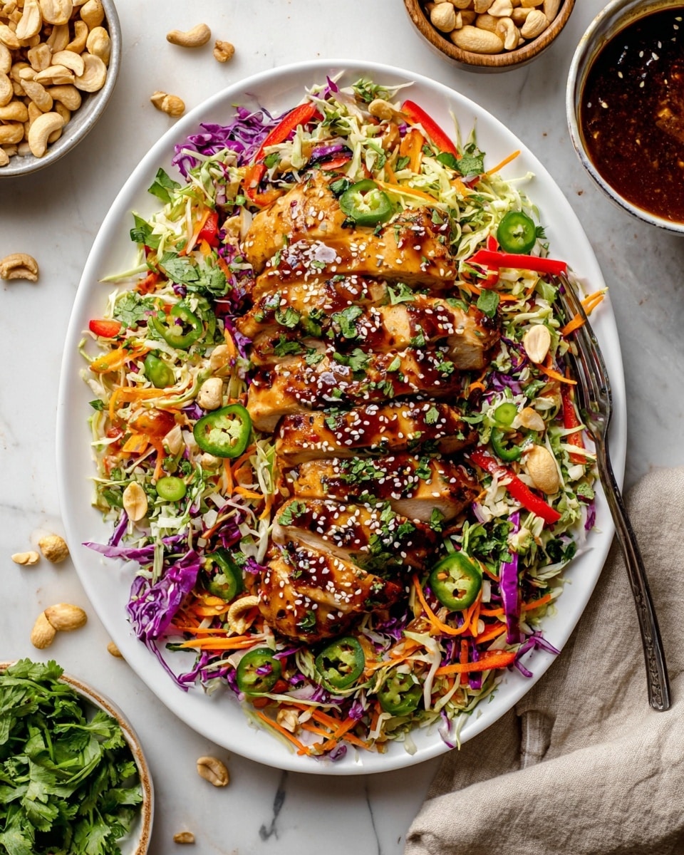 A white plate holds a colorful dish with two main layers. The bottom layer is a vibrant mix of shredded green and purple cabbage, thin orange carrot strips, sliced red bell pepper, and fresh green herbs, scattered with sliced almonds and whole cashews, along with rings of green jalapeno pepper. On top, two grilled chicken breasts are sliced and arranged side by side, glazed with a dark, glossy sauce, and sprinkled generously with sesame seeds and chopped green onion. The whole dish is set on a white marbled surface with small bowls of nuts and fresh greens nearby, along with a sauce bowl to the side. Photo taken with an iphone --ar 4:5 --v 7