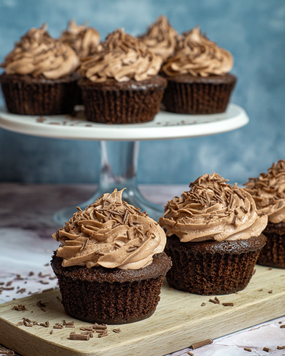 The image shows seven chocolate cupcakes, each with one thick layer of dark brown cake topped by a large swirl of light brown, ruffled chocolate frosting that looks creamy and fluffy, sprinkled with small chocolate shavings. Four cupcakes are arranged in a row on a light wood cutting board, with three more placed on a white plate elevated on a glass stand behind them. The cutting board and plate are on a white marbled textured surface, with some additional chocolate shavings scattered around. The background has a soft blue tone. Photo taken with an iphone --ar 4:5 --v 7