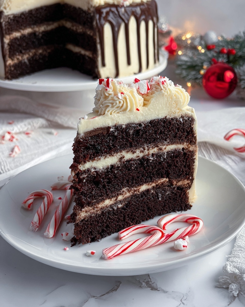 A slice of dark chocolate cake with three thick, moist layers separated by rich dark chocolate filling sits on a white plate. The cake slice is topped with light cream frosting that spreads evenly on top and around the edges. Around the slice are small red-and-white peppermint candies and two small candy canes. Behind the slice is the remaining cake, showing three layers of dark chocolate with darker filling in between, covered with a thick layer of light cream frosting on top and ice drip of dark chocolate down the sides. The cake’s top is decorated with swirls of cream frosting and peppermint candies. The whole setting is on a white marbled surface with some holiday decorations blurred in the background. Photo taken with an iphone --ar 4:5 --v 7