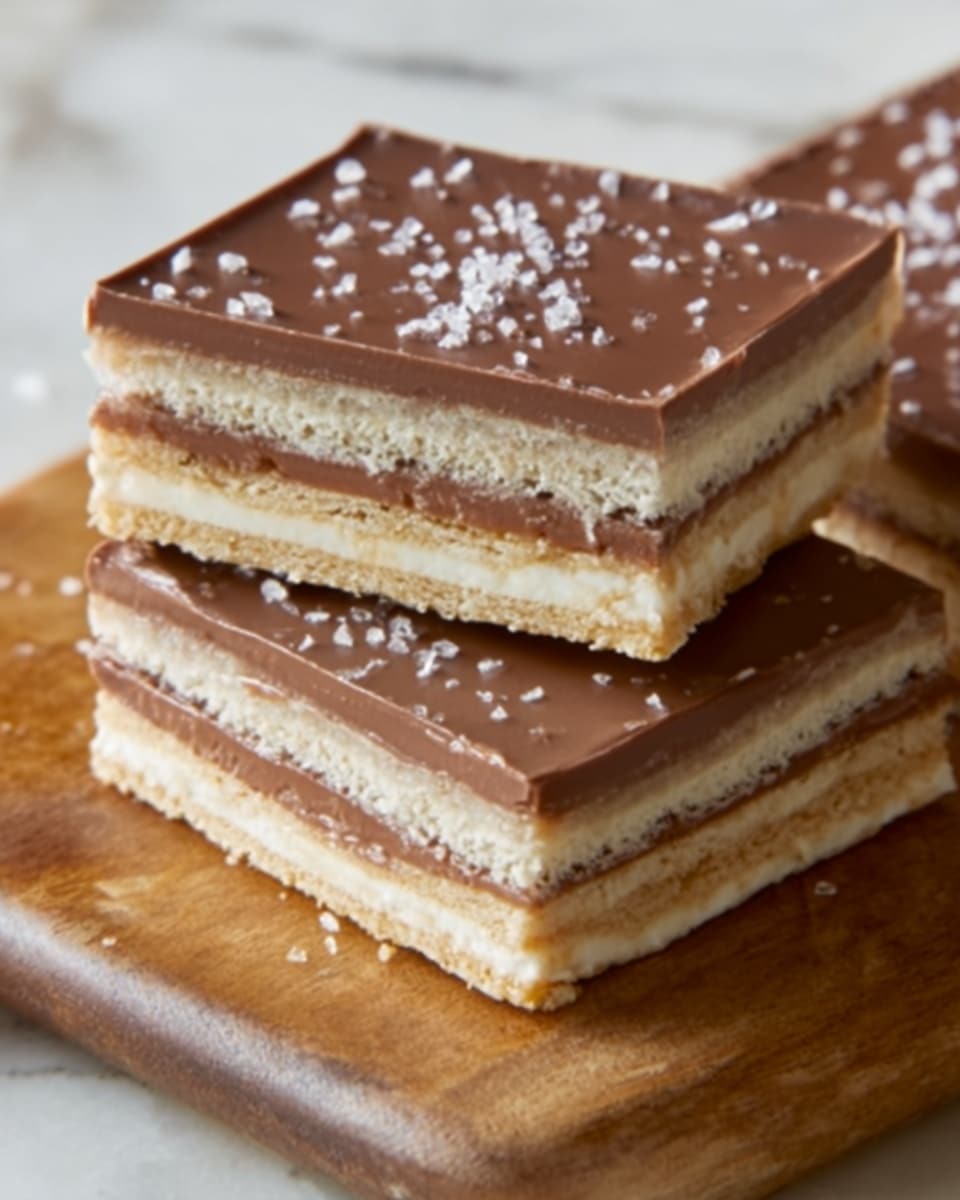The image shows two pieces of a layered dessert resting on a wooden board with a white marbled background. Each piece has four visible layers of light beige biscuit or cake, separated by three thin layers of light cream filling, topped with a thick, smooth layer of milk chocolate sprinkled lightly with coarse sea salt. The edges of the dessert are clean and straight, revealing the crisp layering inside. Photo taken with an iphone --ar 4:5 --v 7