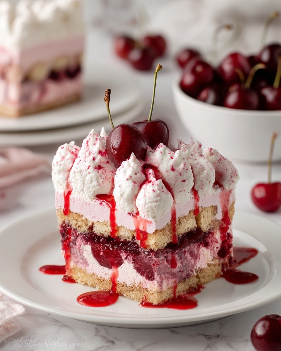 A square piece of layered cherry dessert sits on a white plate placed on a white marbled texture surface. The dessert has three visible layers: the bottom layer is a soaked light brown sponge cake soaked in a dark red cherry syrup, the middle layer is a thick, smooth light pink cream, and the top layer is a combination of sponge cake and dollops of fluffy white cream with speckles of pink. Bright red cherry syrup is drizzled over the cream peaks and drips down the sides, pooling at the base. Fresh cherries are scattered casually around the plate and there is a white bowl filled with cherries in the background. Photo taken with an iphone --ar 4:5 --v 7