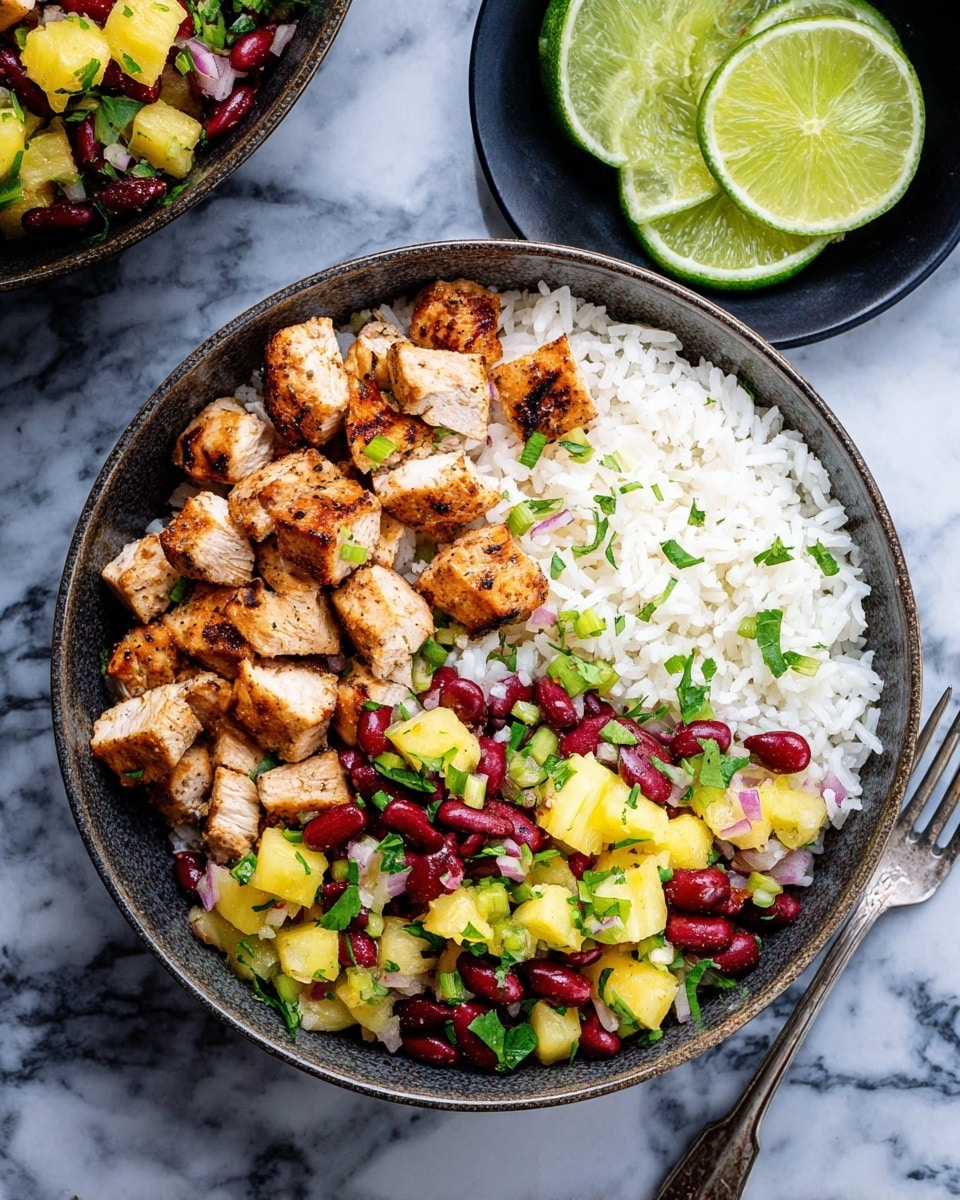 A bowl filled with three main layers: the bottom layer is white rice covering the base, the top left half is covered with small, golden brown grilled chicken pieces with a crisp texture, and the bottom half is a colorful pineapple and red kidney bean salad mixed with green onion slices and chopped herbs, giving a fresh look. The bowl is placed on a white marbled surface, with a metal fork beside it and a black plate holding fresh lime wedges in the background. Photo taken with an iphone --ar 4:5 --v 7