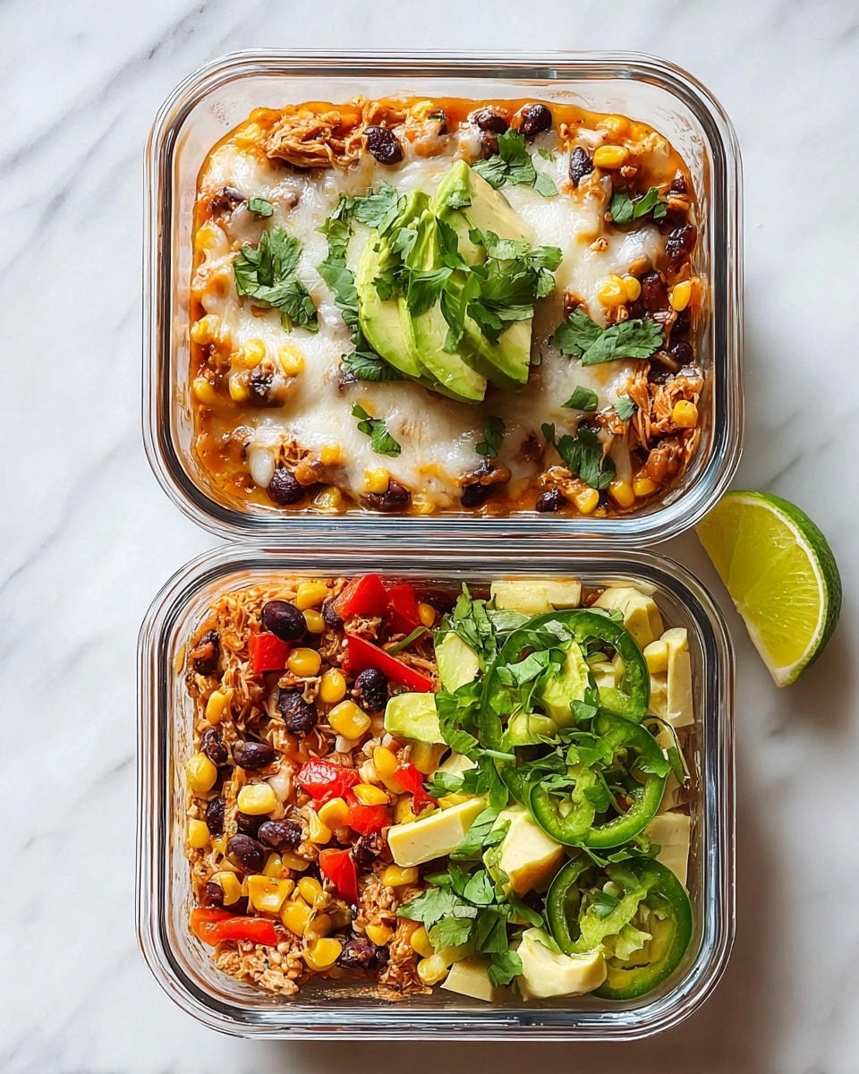 Two square glass containers are placed on a white marbled texture. The top container holds a dish with a base of orange sauce mixed with black beans and corn, topped with melted white cheese, fresh green cilantro leaves, and a few slices of bright green avocado in the center. The bottom container shows a colorful layered dish starting with shredded chicken mixed with corn and black beans, followed by chunky red bell pepper pieces, fresh green jalapeño slices, and topped with creamy avocado chunks and cilantro leaves. To the right of the containers is a bright green lime wedge. Photo taken with an iphone --ar 4:5 --v 7
