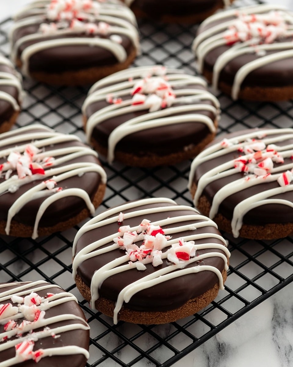 The image shows several round cookies arranged on a black wire rack set over a white marbled surface. Each cookie has a base layer of light brown and is topped with a thick, smooth dark chocolate layer. On top of the chocolate, white icing is drizzled in evenly spaced diagonal lines across the cookies. Small pieces of red and white peppermint candy are scattered in the center of each cookie, adding a festive touch. The overall look is clean, orderly, and shiny with a mix of dark and light colors and small pops of red. photo taken with an iphone --ar 4:5 --v 7