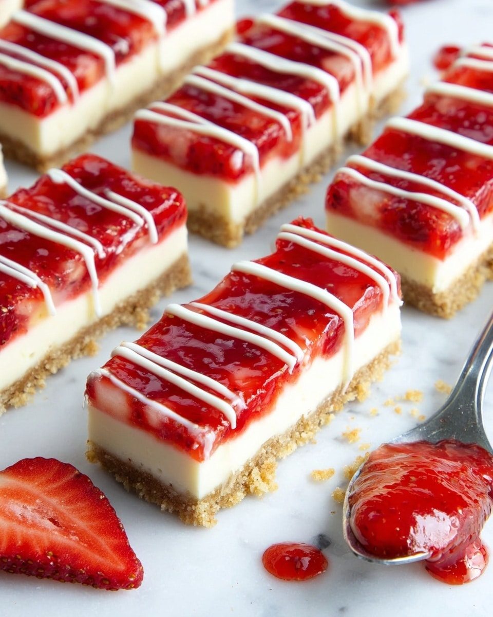 The image shows several rectangular strawberry dessert bars arranged on a white marbled surface. Each bar has three layers: a bottom crumbly light brown crust, a thick middle creamy white layer, and a glossy bright red strawberry topping with visible chunks of strawberry. The bars are decorated with evenly spaced thin white icing drizzles across the top. A spoon with some red strawberry topping rests nearby, along with a few fresh strawberry halves scattered around. The photo taken with an iphone --ar 4:5 --v 7