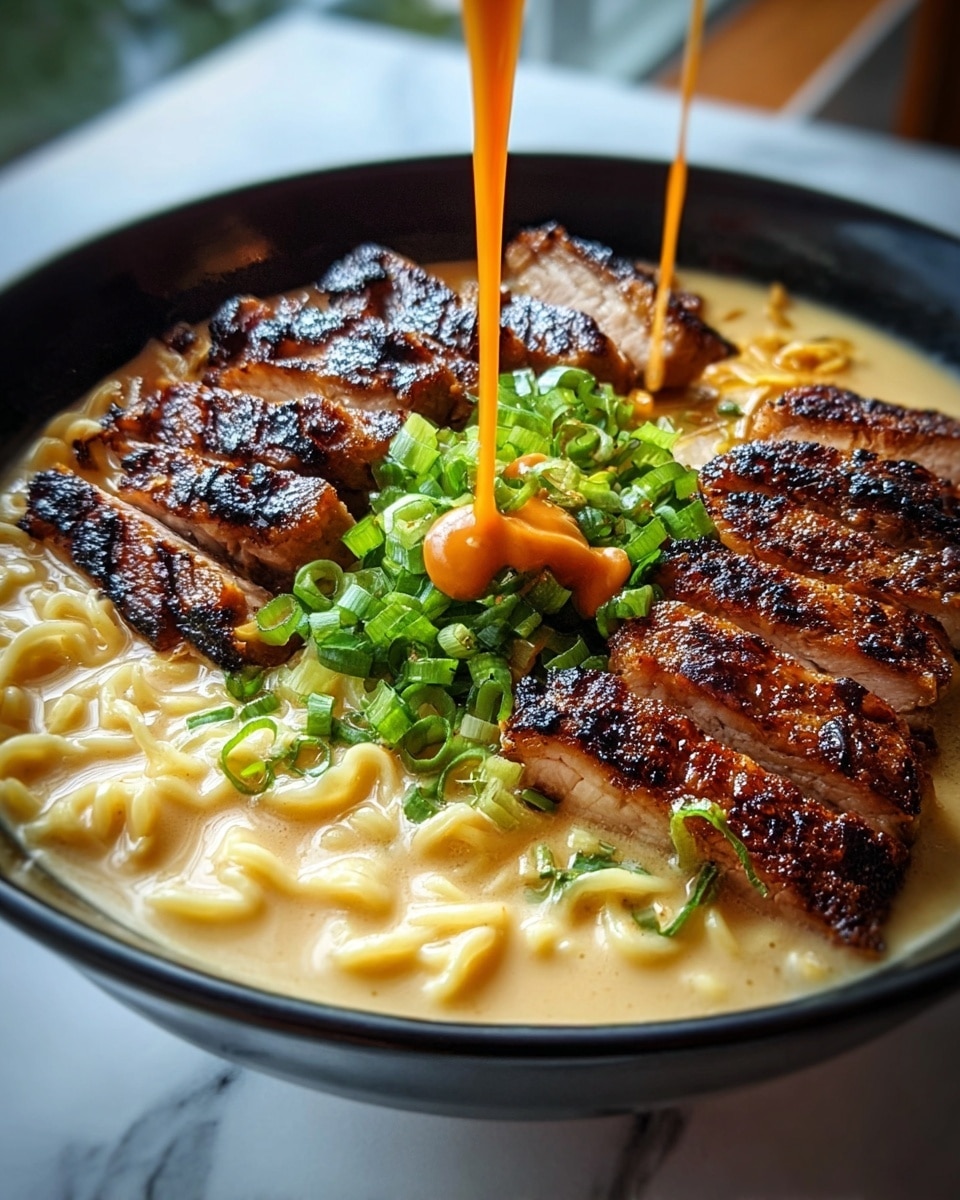 A black bowl holds a creamy beige soup base with wavy light yellow noodles submerged in it, forming the bottom layer. Above the noodles, there are thick slices of grilled meat with a dark, crispy, charred outer texture, arranged in a line across the top. In the center of the bowl, a generous pile of chopped bright green scallions is placed, adding freshness and color contrast. Two streams of orange sauce are being poured from above onto the meat, adding a glossy shine. The bowl sits on a white marbled surface with soft natural light highlighting the textures and colors. Photo taken with an iphone --ar 4:5 --v 7