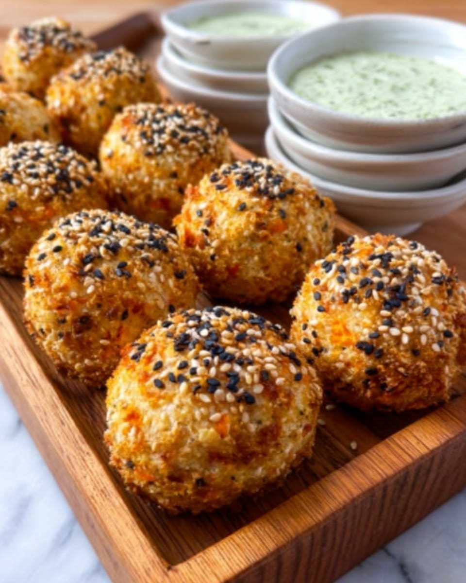 A wooden board holds eight golden-brown baked balls with a crispy texture, each sprinkled with black and white sesame seeds on top. The balls show small bits of orange and beige inside, suggesting mixed ingredients. In the background, there are stacked white bowls with a creamy green herb sauce inside, all placed on a white marbled surface. photo taken with an iphone --ar 4:5 --v 7